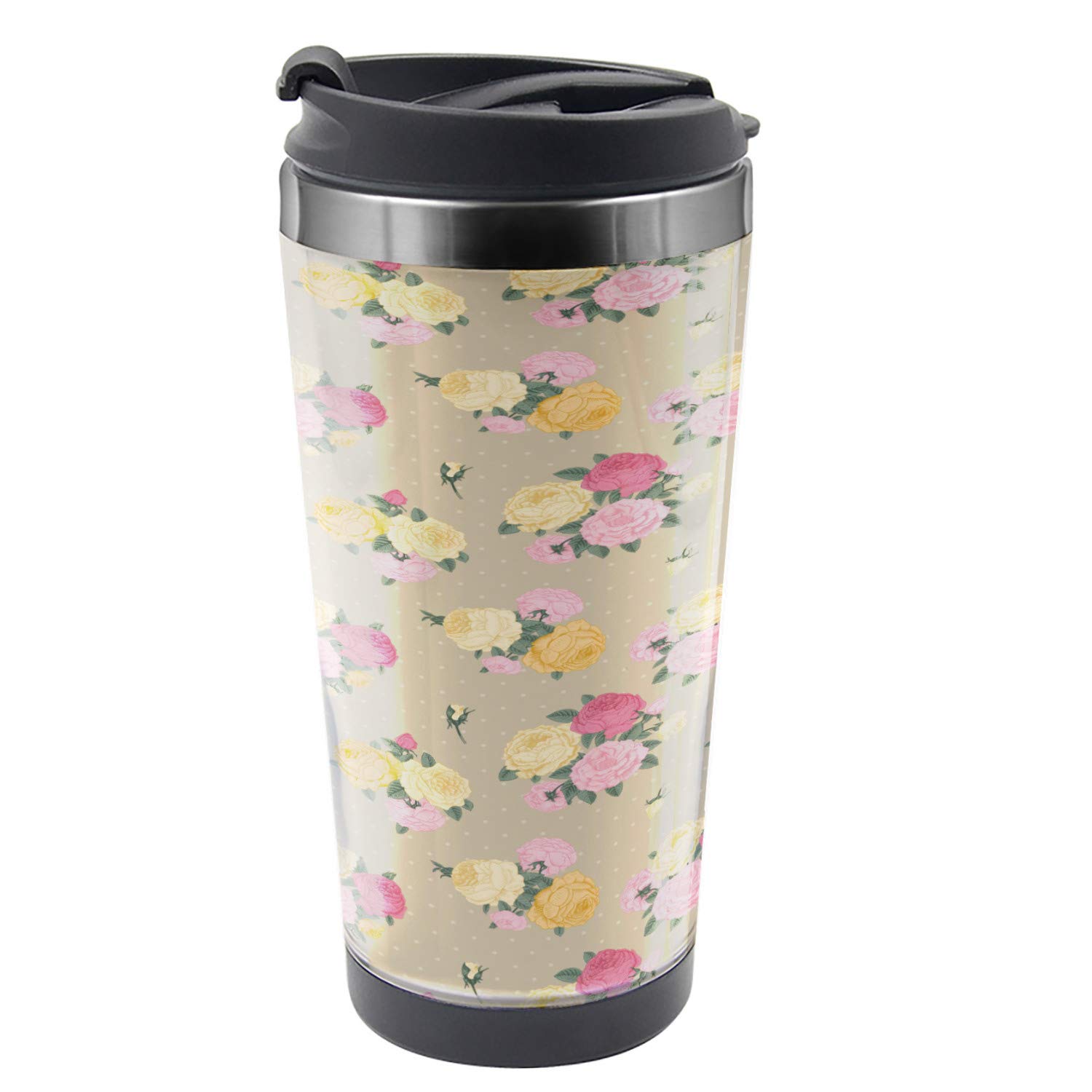 Ambesonne Vintage Rose Travel Mug - 16 oz Stainless Steel Thermal Cup with Floral Dots Design - Perfect for Coffee, Tea & Hot Drinks - Ideal for Commuting, Office & Outdoor Activities