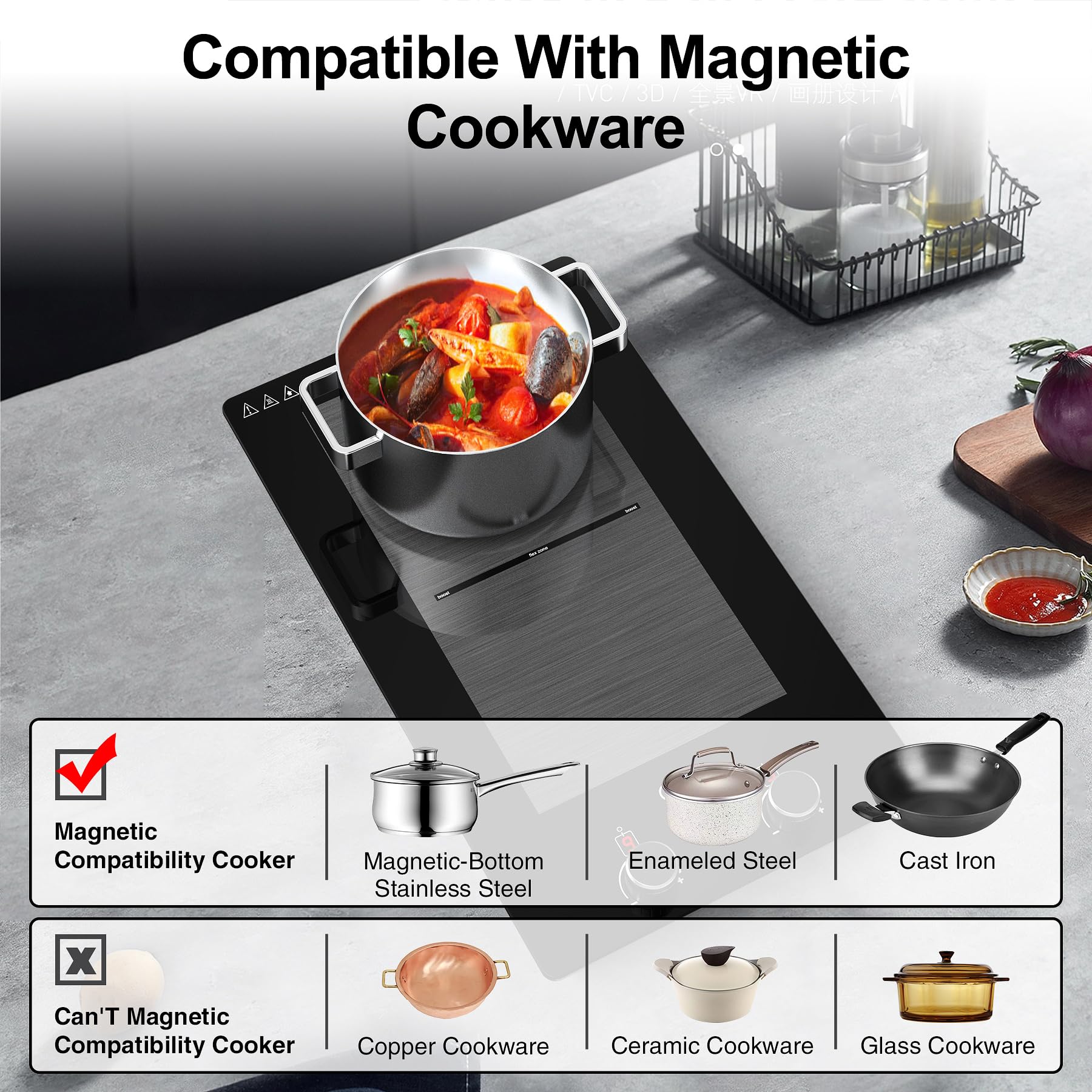 VBGK 12 Inch 3000W Double Induction Cooktop - 2 Burner Electric Stove with Rotary & Touch Controls, 9 Power Levels, Child Lock & Timer - Perfect for Home Kitchen, RV Cooking & Small Spaces (110V)