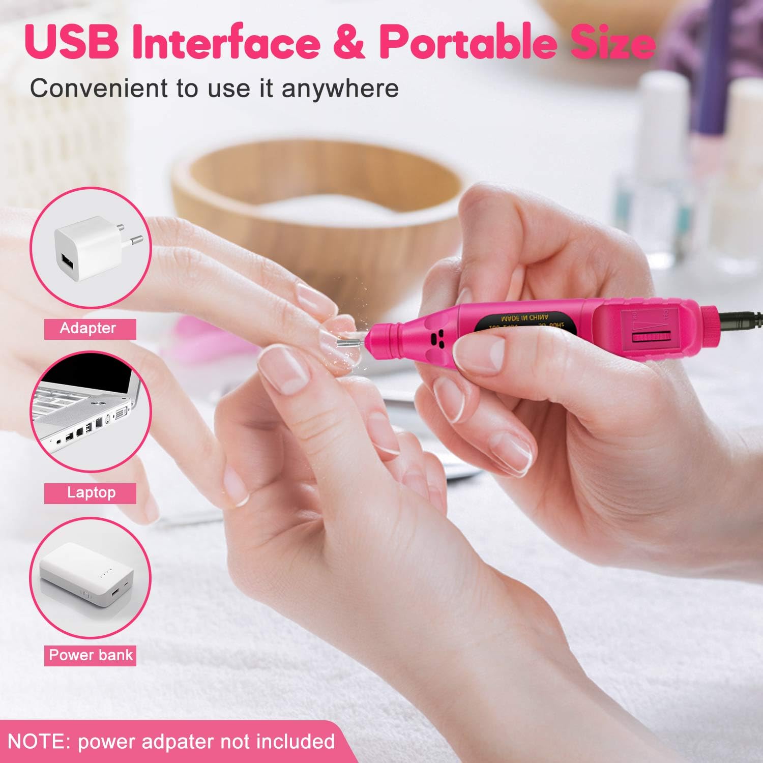 Professional USB Electric Nail Drill Machine Kit - Portable Manicure Pedicure Tool with 6Pcs Nail Drill Bits for Gel Nails, Acrylics & Nail Art (Rose) | Perfect for Home Salon, Nail Techs & DIY Beauty Care