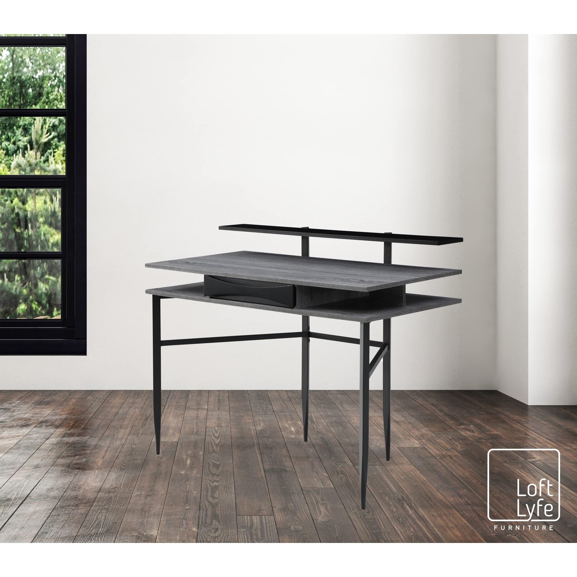 Laurel Office Desk with 1 Drawer, Side Storage & Top Shelves - Rectangular, Grey/Black - Perfect for Home Office, Study Room & Small Workspace