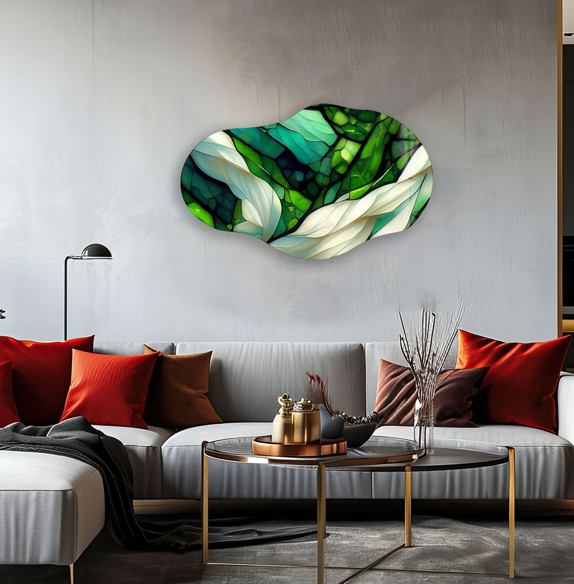 Handmade Asymmetrical Green Stained Glass Wall Art Decor - Modern Abstract Leaf Design for Living Room, Bedroom, Office & Gift Ideas
