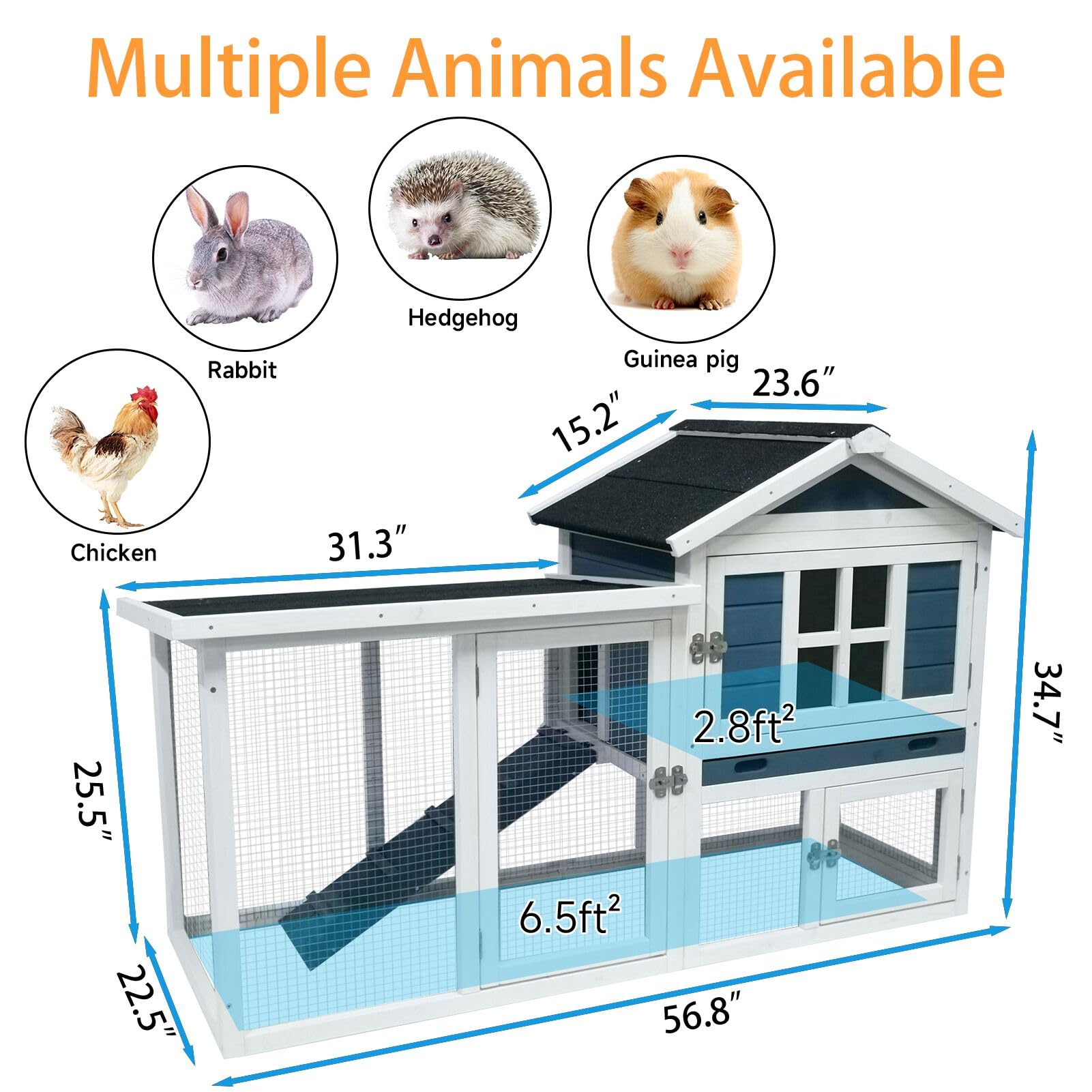 Weatherproof Large Outdoor Rabbit Hutch & 2-Story Chicken Coop - Wooden Bunny Cage with Waterproof Roof, No-Leak Tray & Pull-Out Tray (56.8