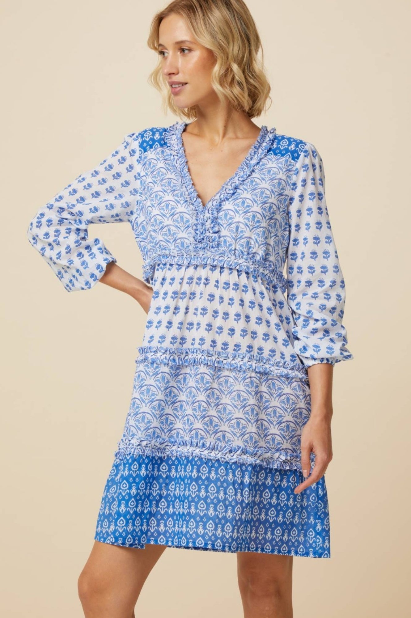 Henrietta Dress - Floral Print Mix White and Blue | Women's Summer Casual Dress for Beach, Party, and Everyday Wear