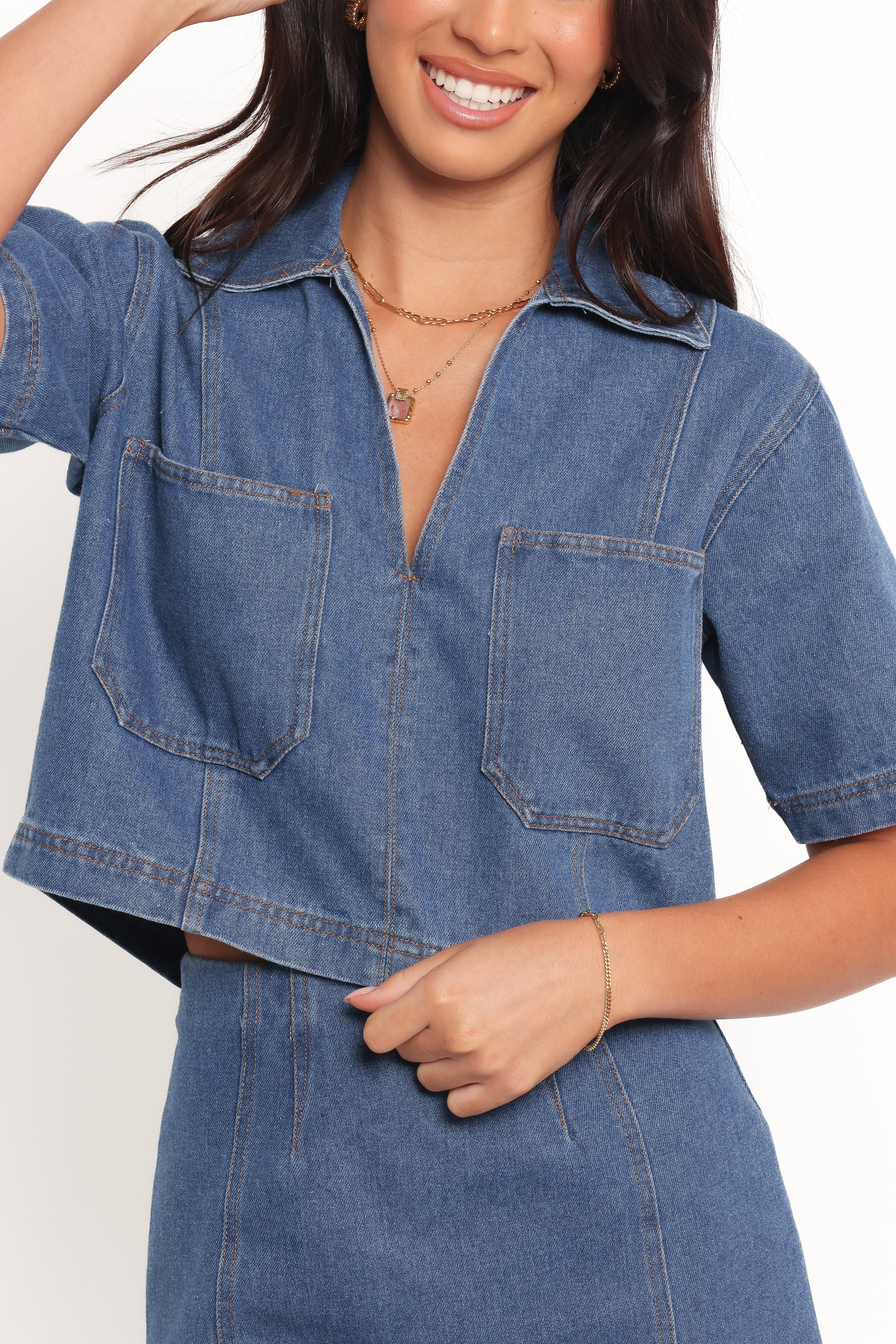 Cera Two Piece Denim Outfit Set - Medium Wash Jeans & Top for Women | Casual Streetwear, Spring & Summer Fashion, Day Out & Weekend Looks
