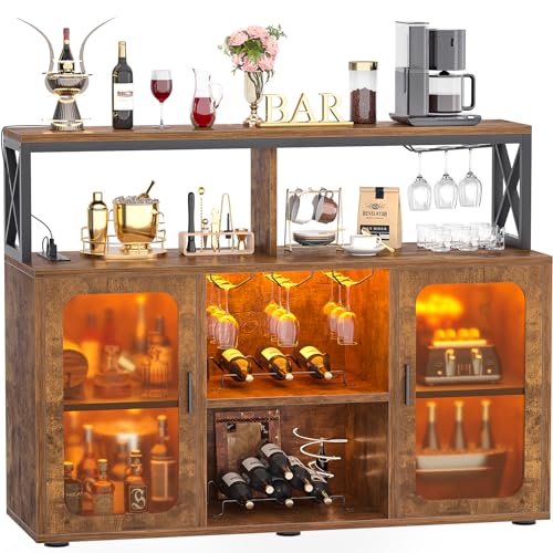 Aheaplus Rustic Brown Bar Cabinet with Power Outlets & LED Lights - Wine & Liquor Storage Cabinet with Glass Holder & Racks - Perfect for Home Bar, Coffee Station & Dining Room Buffet