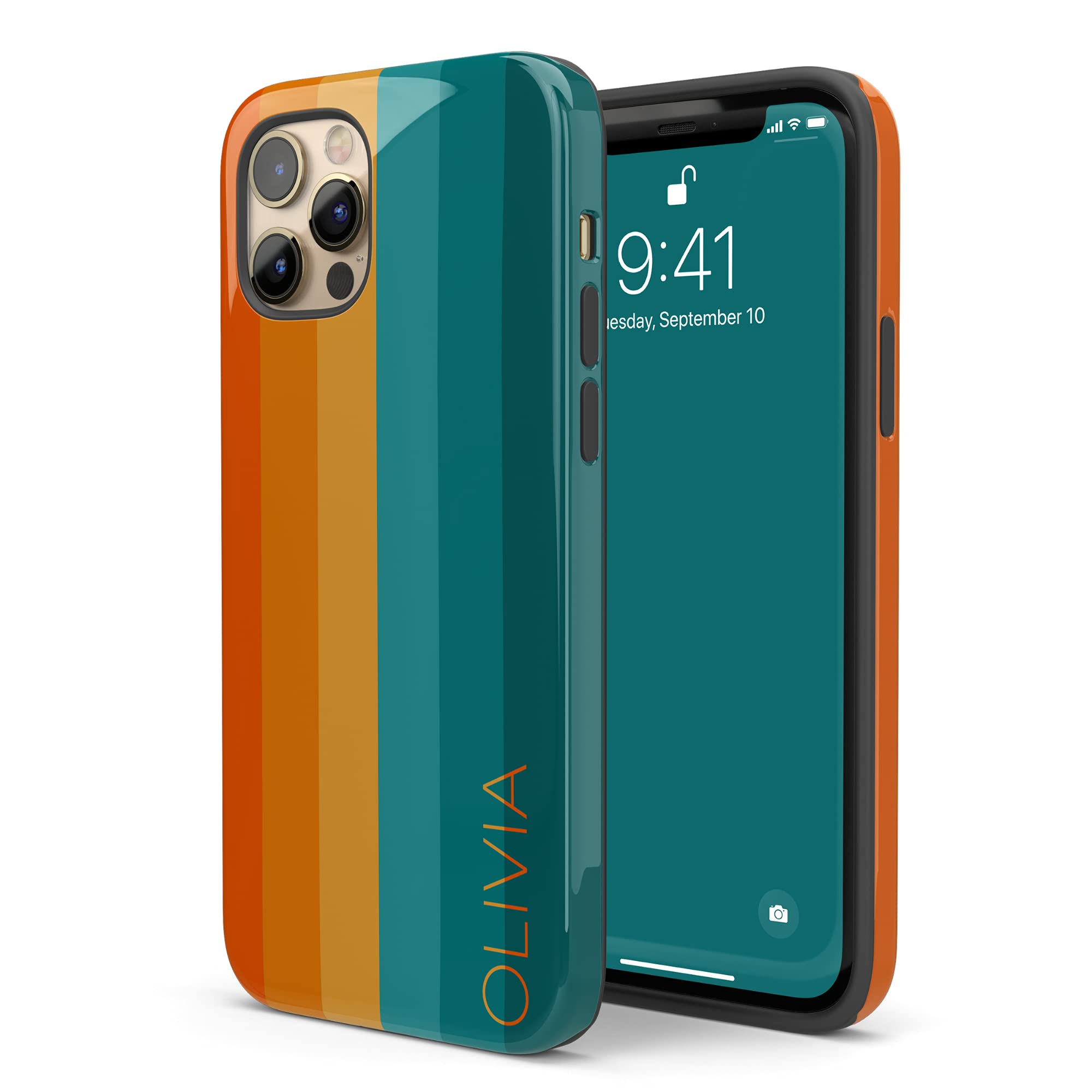 Retro Orange Teal Custom Rainbow Phone Case with Personalized Name - Compatible with iPhone 16 Plus, 15 Pro Max, 14, 13 Mini, 12, 11, X/XS Max, XR, 7/8 - Perfect for Everyday Use, Gifts & Special Occasions