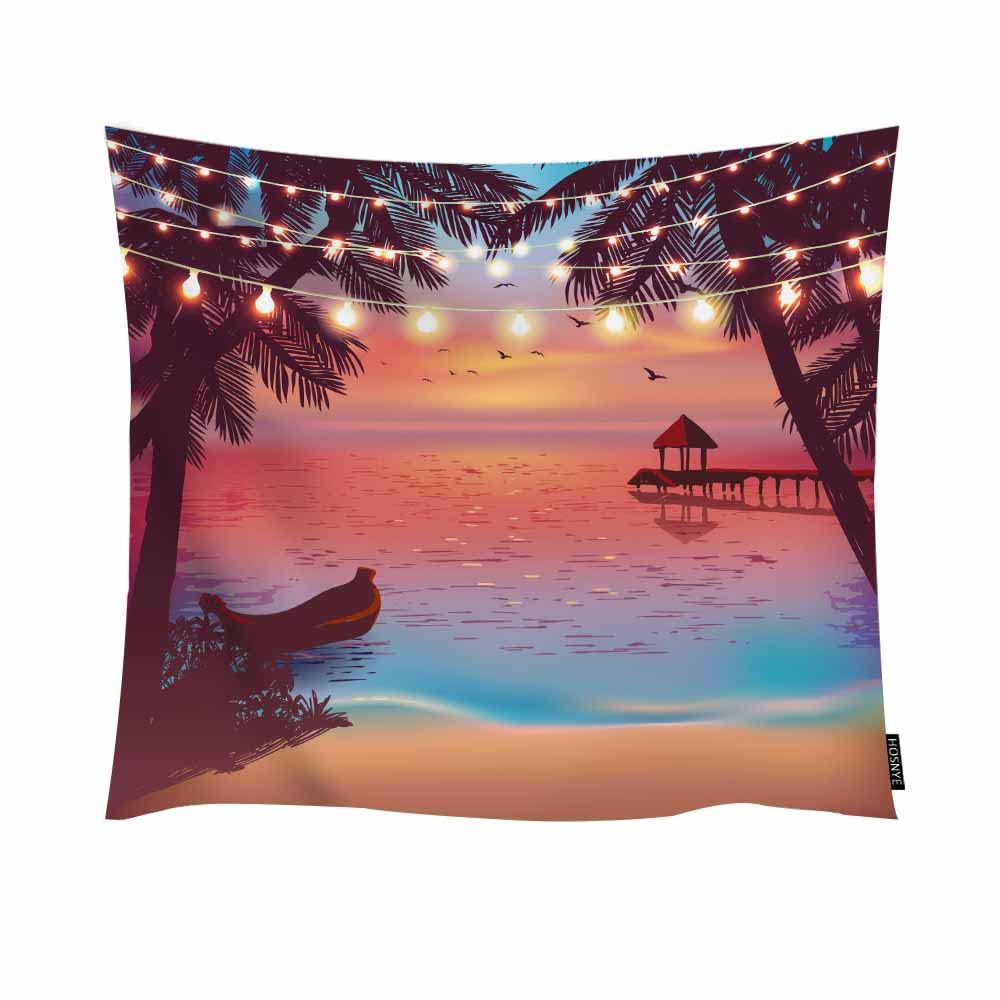 HOSNYE Sunset Palm Beach Tapestry with Decorative Lights - 80 x 60 Inch Tropical Hawaiian Ocean Wall Hanging for Bedroom, Living Room, Party Decor | Perfect for Summer Festive, Beach Theme Parties & Boho Home Decoration