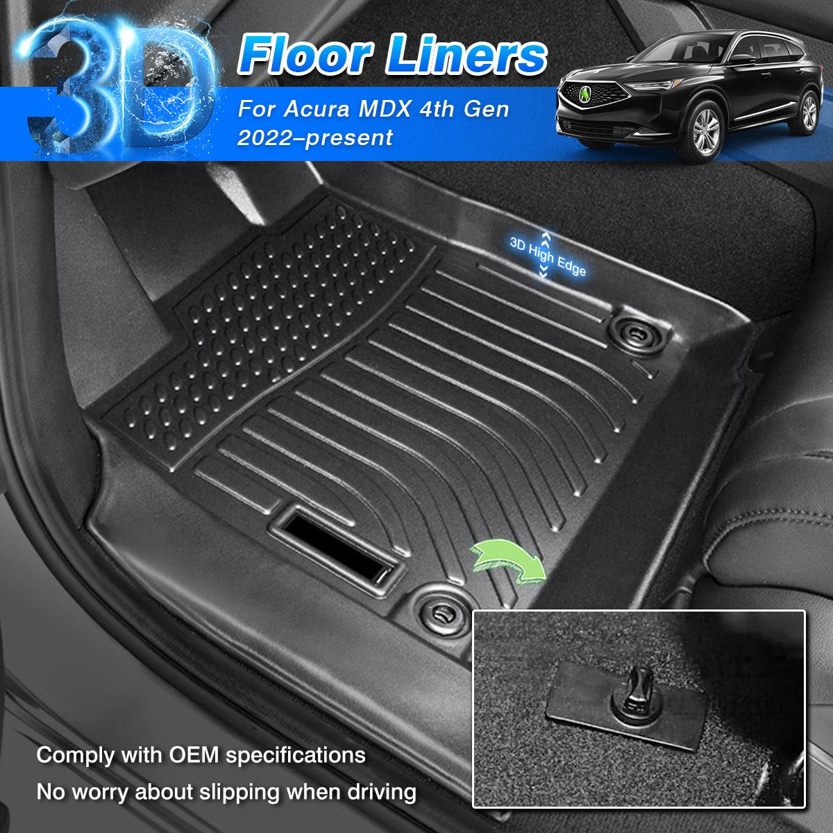 Custom Fit All-Weather TPE Floor Mats for Acura MDX 2022-2025 (7-Seater) - Heavy Duty 3-Row Floor Liners | Perfect for Winter Snow, Mud & Rain Protection