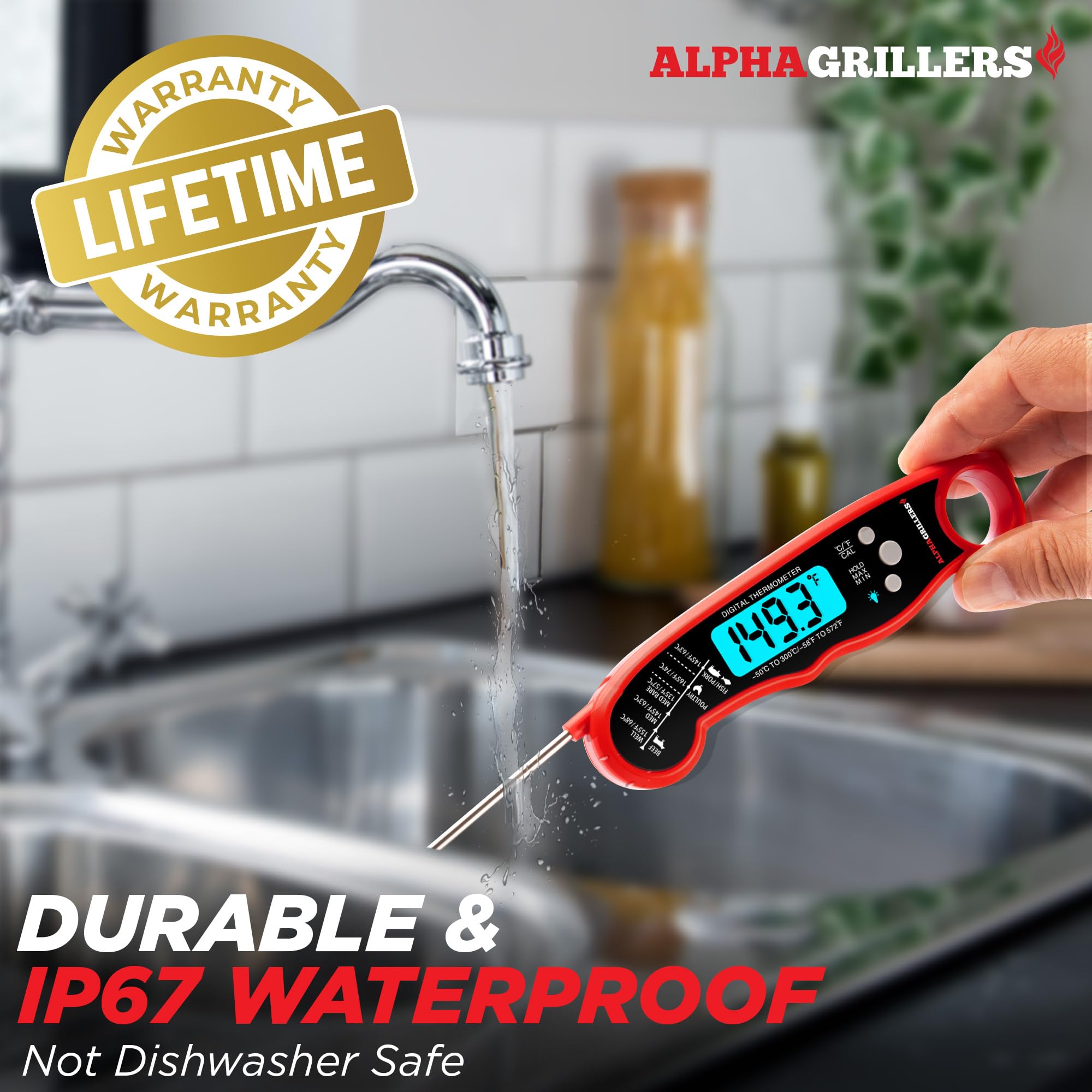 Alpha Grillers Digital Meat Thermometer - Instant Read Food Thermometer for Cooking, Grilling, Air Frying & BBQ | Waterproof Kitchen Thermometer with Backlit Display | Perfect for Steak, Chicken, Turkey & Baking | Great Gift for Men, Dad, Husband on Father's Day, Birthday & Holidays
