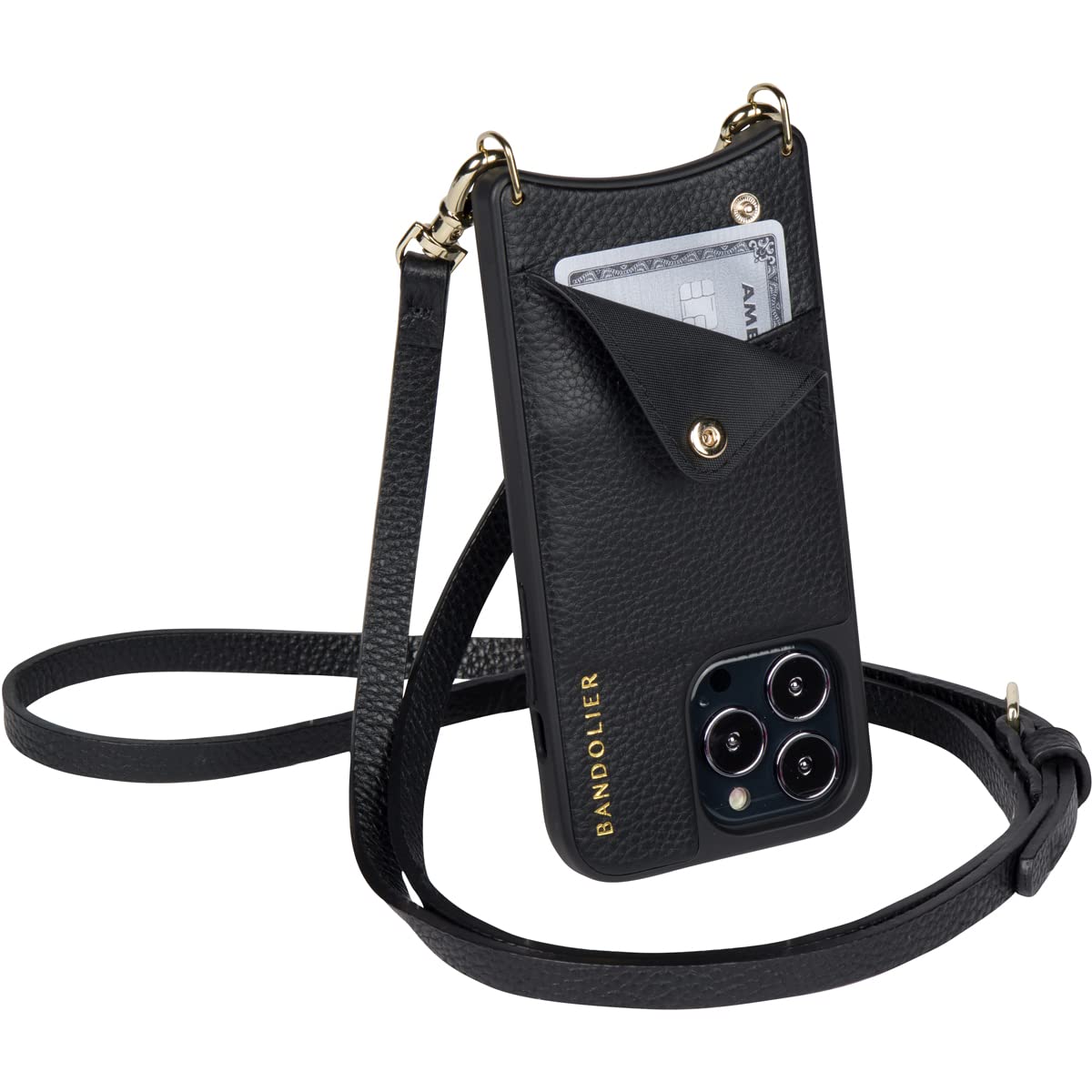 Bandolier Emma Crossbody Phone Case & Wallet for iPhone 13 Pro Max - Premium Black Leather with Gold Accents - Hands-Free Fashion Accessory for Shopping, Travel & Everyday Use