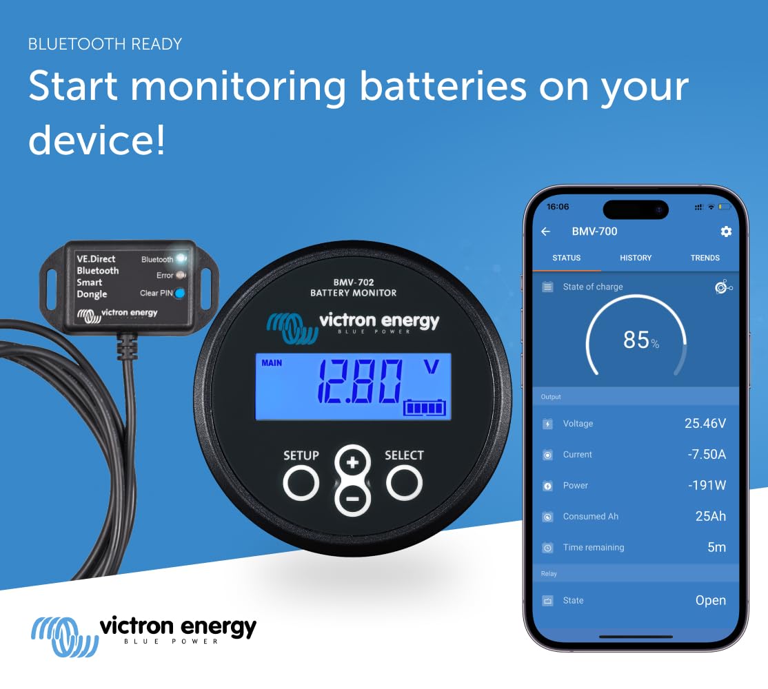 Victron Energy BMV-702 Smart Battery Monitor with Bluetooth - Accurate Voltage, Current & Power Tracking for RVs, Boats & Solar Systems - Black
