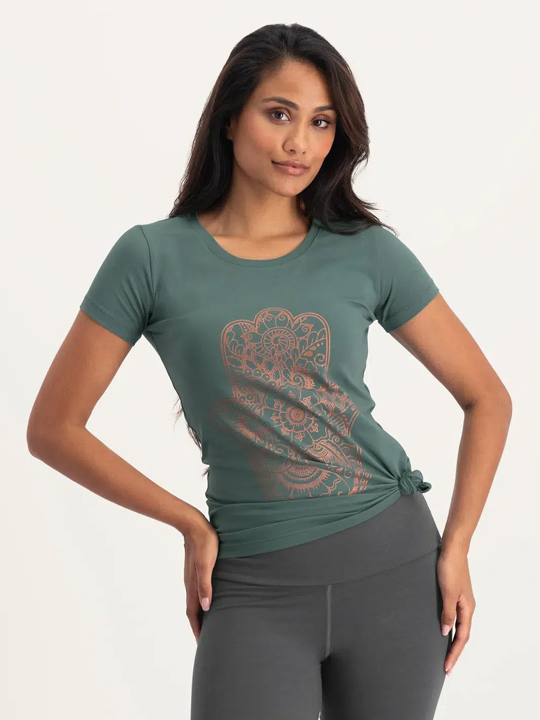 Urban Goddess Hamsa Core Yoga T-Shirt - Forest Green - Comfortable Women's Workout Top for Yoga, Meditation & Spiritual Practice