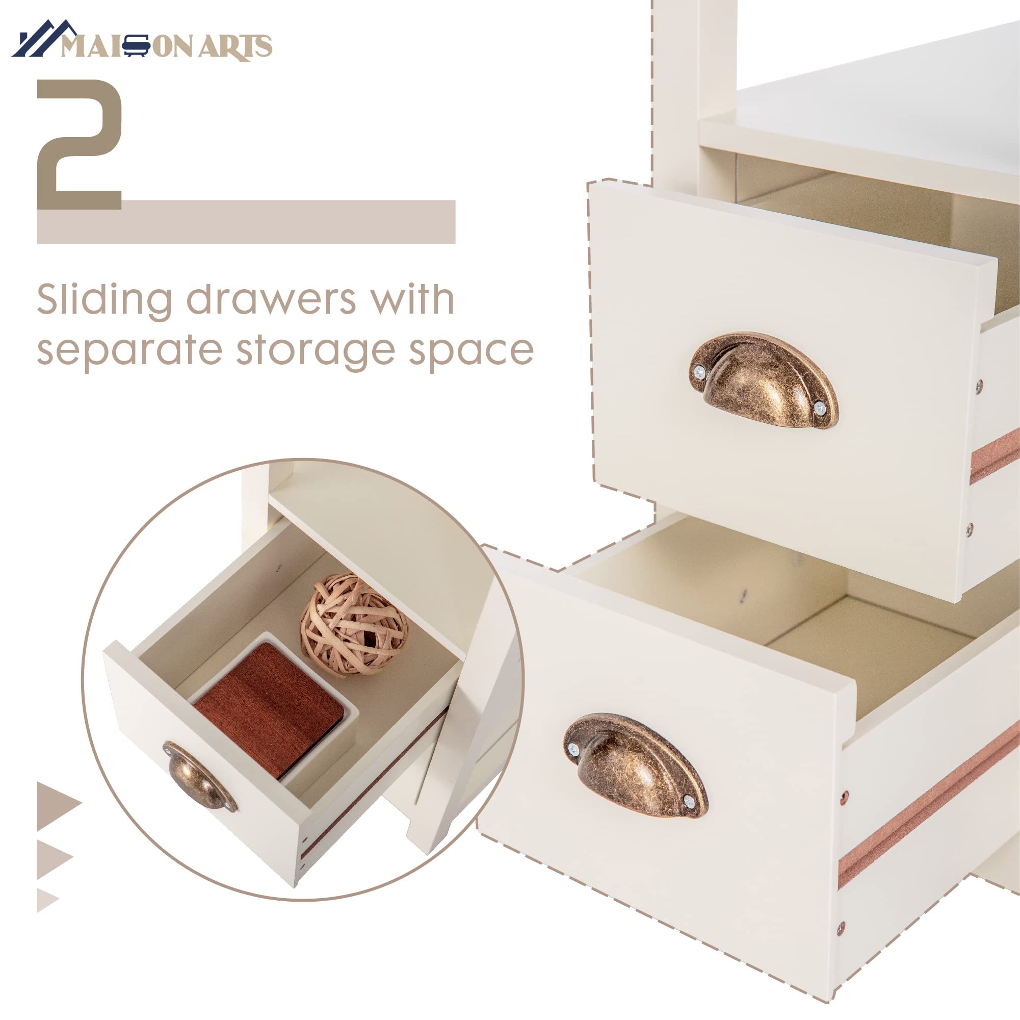 MAISON ARTS Narrow End Tables Set of 2 with Storage Drawers & Open Shelf - Compact Sofa Side Tables, Nightstands for Living Room, Bedroom - Ivory - Perfect for Small Spaces, Apartment Decor & Coffee Table Alternatives