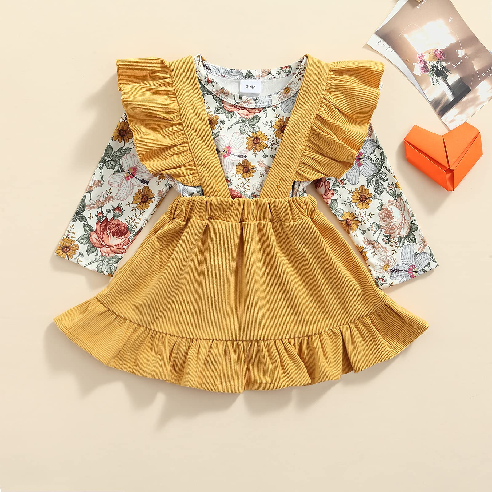 Newborn Baby Girl Outfits - Floral Ruffle Long Sleeve Romper & Suspender Skirt Set | Fall Infant Clothes | Perfect for Photoshoots, Family Gatherings & Special Occasions