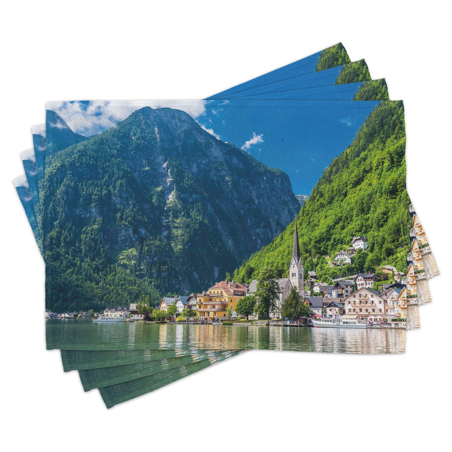 Ambesonne 4-Piece Landscape Placemats Set - Hallstatt Austria Mountain Forest Town Scenery with Blue Sky - Washable Fabric Table Mats for Dining Room & Kitchen Decor in Green, Blue, White | Perfect for Dinner Parties, Holiday Gatherings & Home Decor