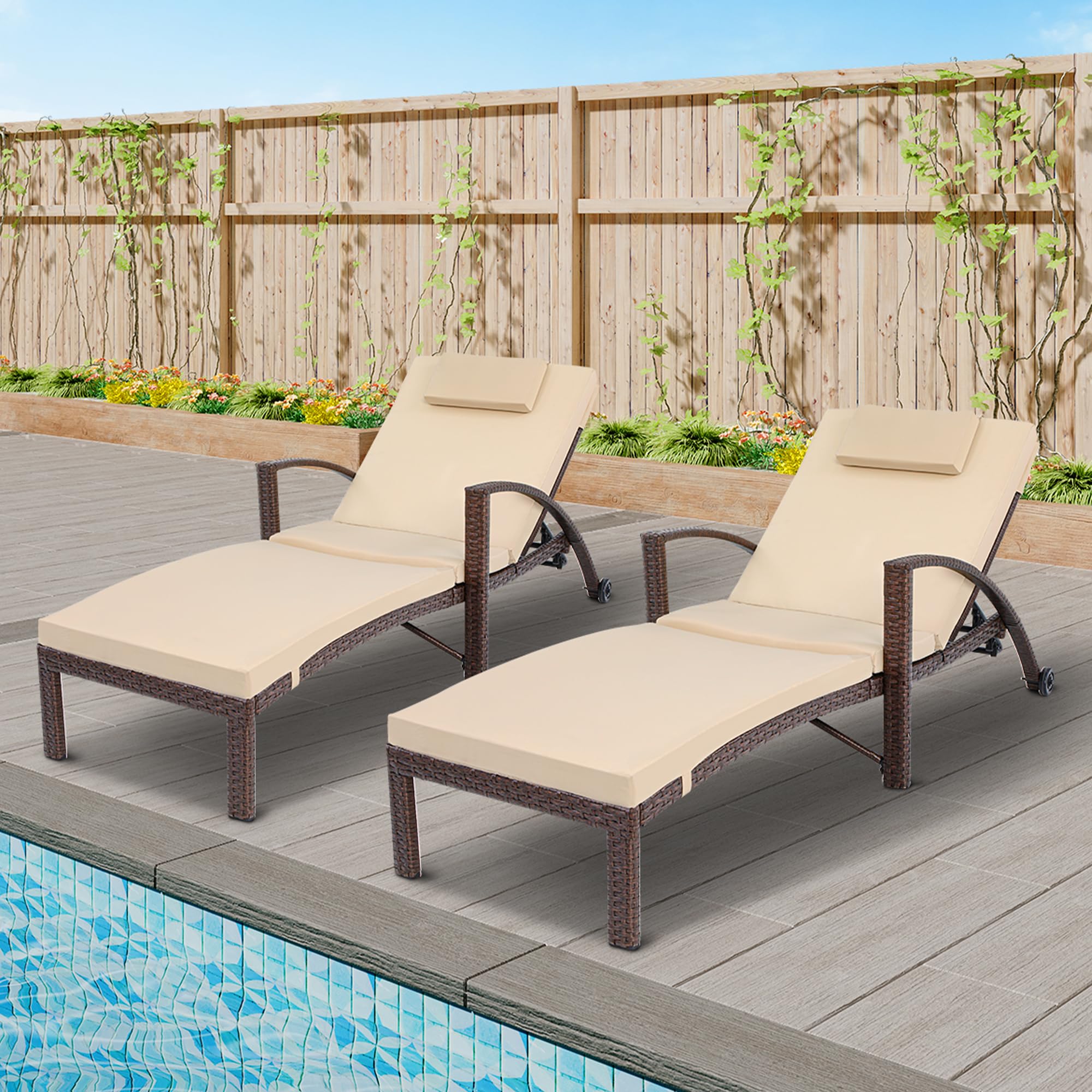 YITAHOME 2-Piece Wicker Chaise Lounge Set with Adjustable 5-Position Backrest, Armrests, Cushions & Headrest - Outdoor Poolside Patio Furniture for Backyard, Garden, Beach & Resort Relaxation