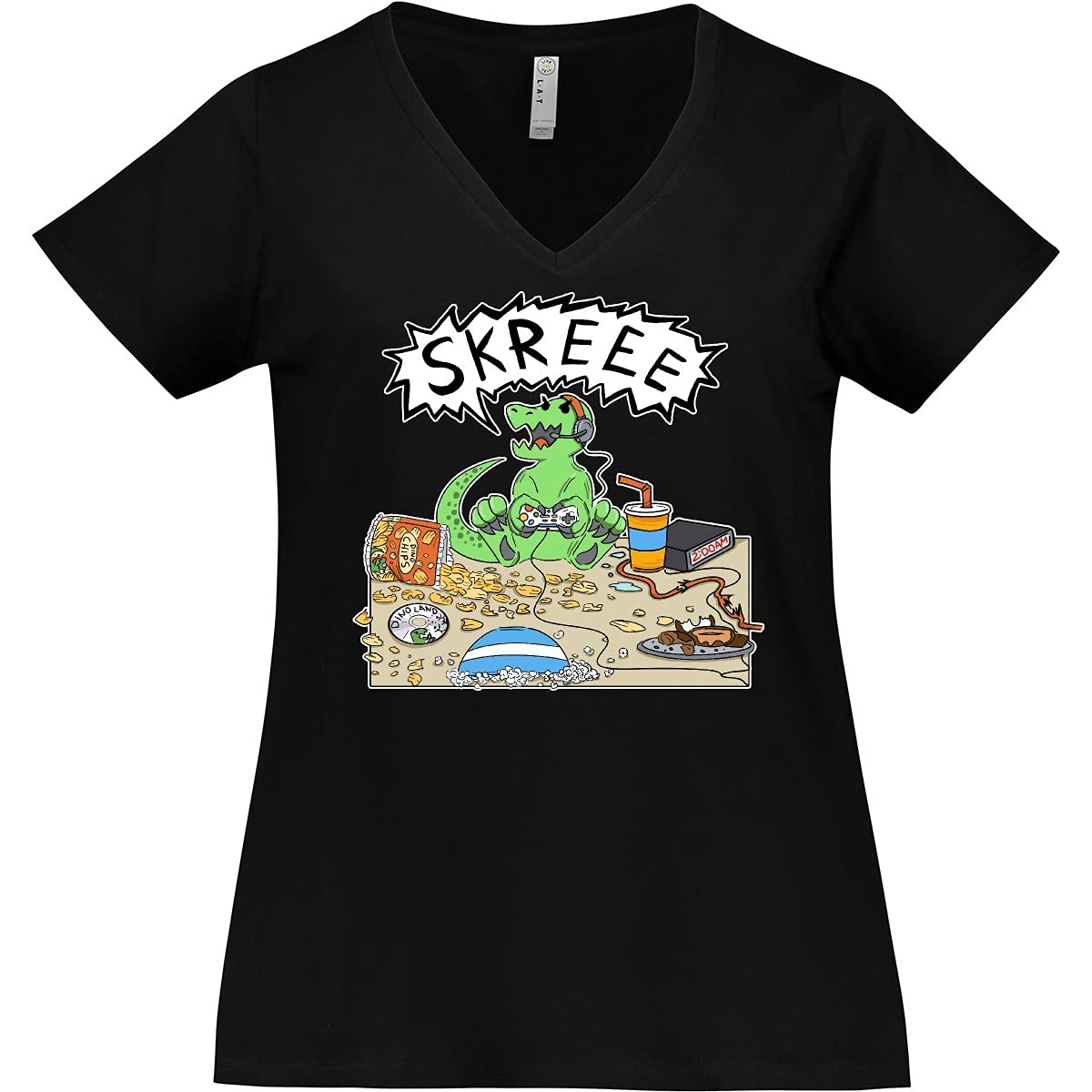 Inktastic Gaming Dinosaur Women's Plus Size V-Neck T-Shirt - Comfortable Casual Tee for Gamers, Dino Lovers & Everyday Wear