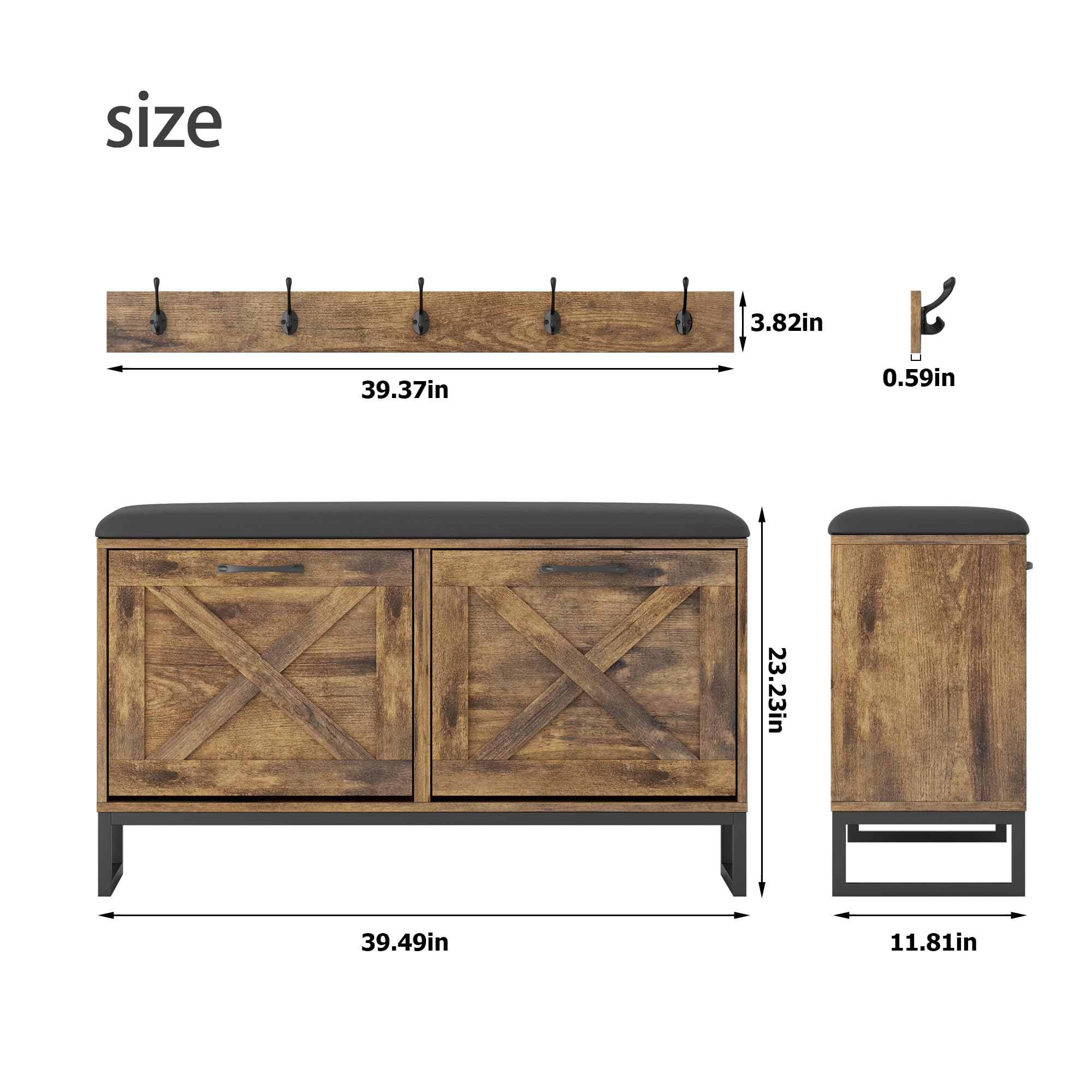 Maupvit Shoe Cabinet with 2 Flip Drawers & Coat Rack - Entryway Storage Bench with Seat Cushion, 5 Large Metal Hooks - Locking Wall Mount for Stability - Rustic Brown Shoe Organizer for Hallway, Mudroom & Living Room