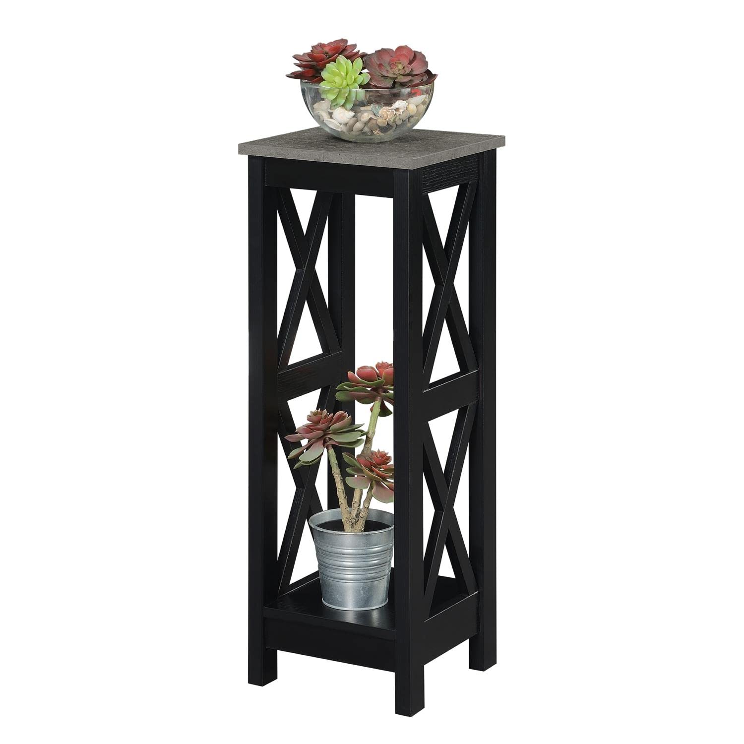 Convenience Concepts Oxford Tall Cement & Black Plant Stand - Indoor/Outdoor Flower Pot Holder for Home, Garden, Patio Decor