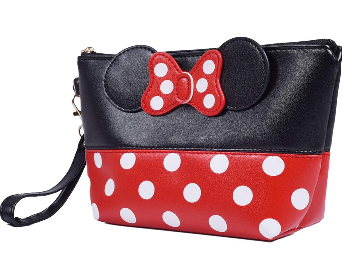 Cute Cartoon Leather Travel Makeup Bag for Women - Portable Cosmetic Organizer & Toiletry Pouch for Teens Girls Kids - Perfect for Vacation, Gym, School & Daily Use (Black)