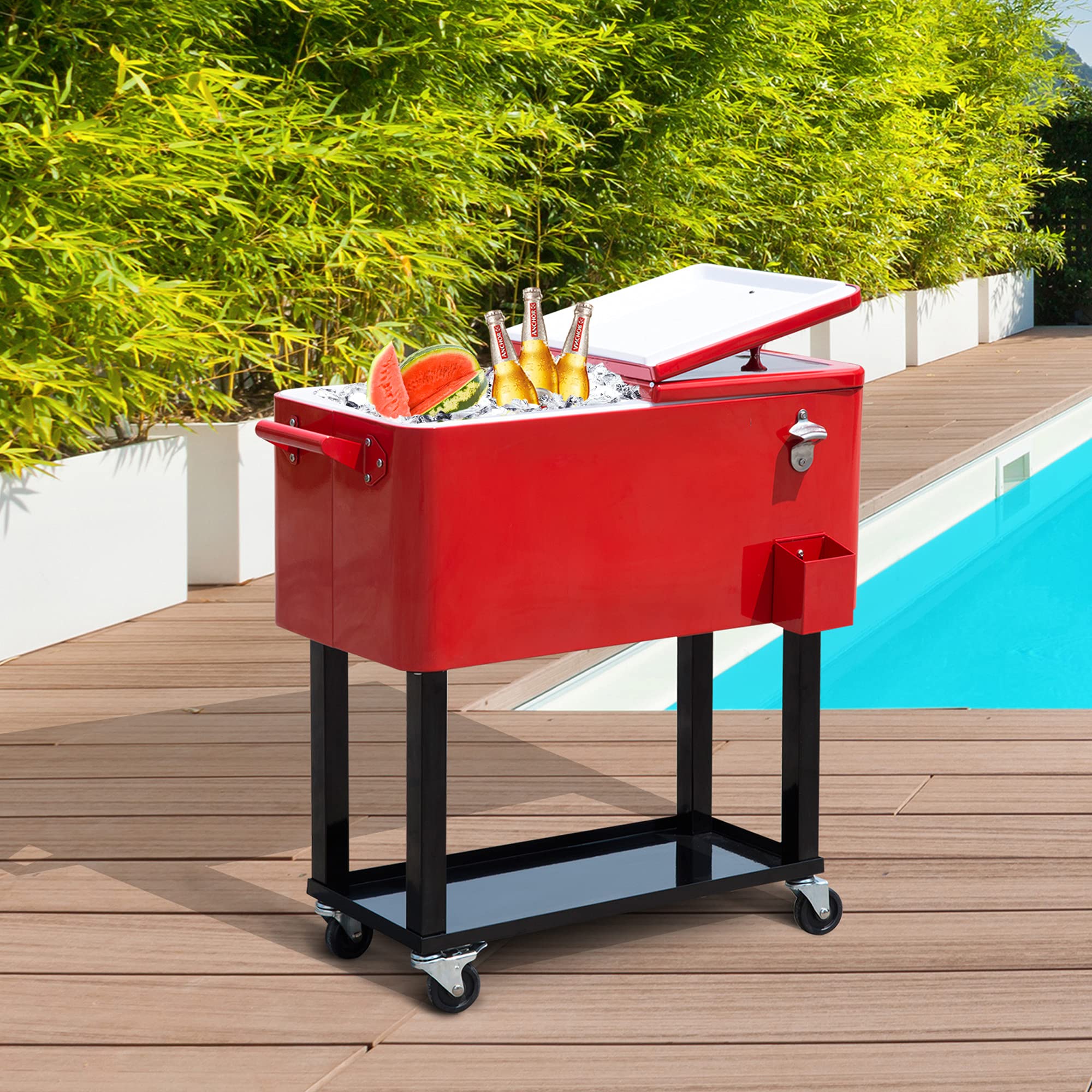 Outsunny 80 QT Rolling Cooler with Wheels - Portable Ice Chest for Outdoor Parties, Camping, Beach & Tailgating - Stand-Up Drink Cooler Cart (Red)