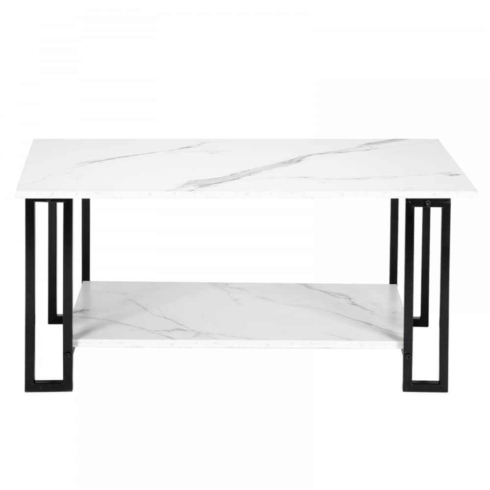 Artisasset 2-Tier White Imitation Marble Coffee Table - 1.5cm Thick MDF Tabletop with Iron Frame, Modern Rectangle Design for Living Room, Office or Lounge Decor