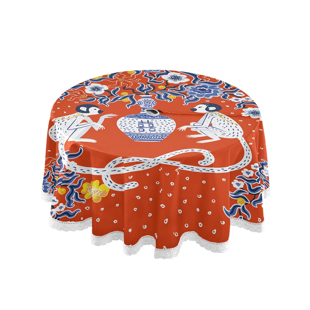 Vintage Chinese Monkey Chinoiserie Flower Round Tablecloth with Umbrella Hole - Durable Outdoor Zippered Table Cover for Patio, Picnic, Party Decor - Perfect for Garden Dining, Tea Parties & Backyard Gatherings