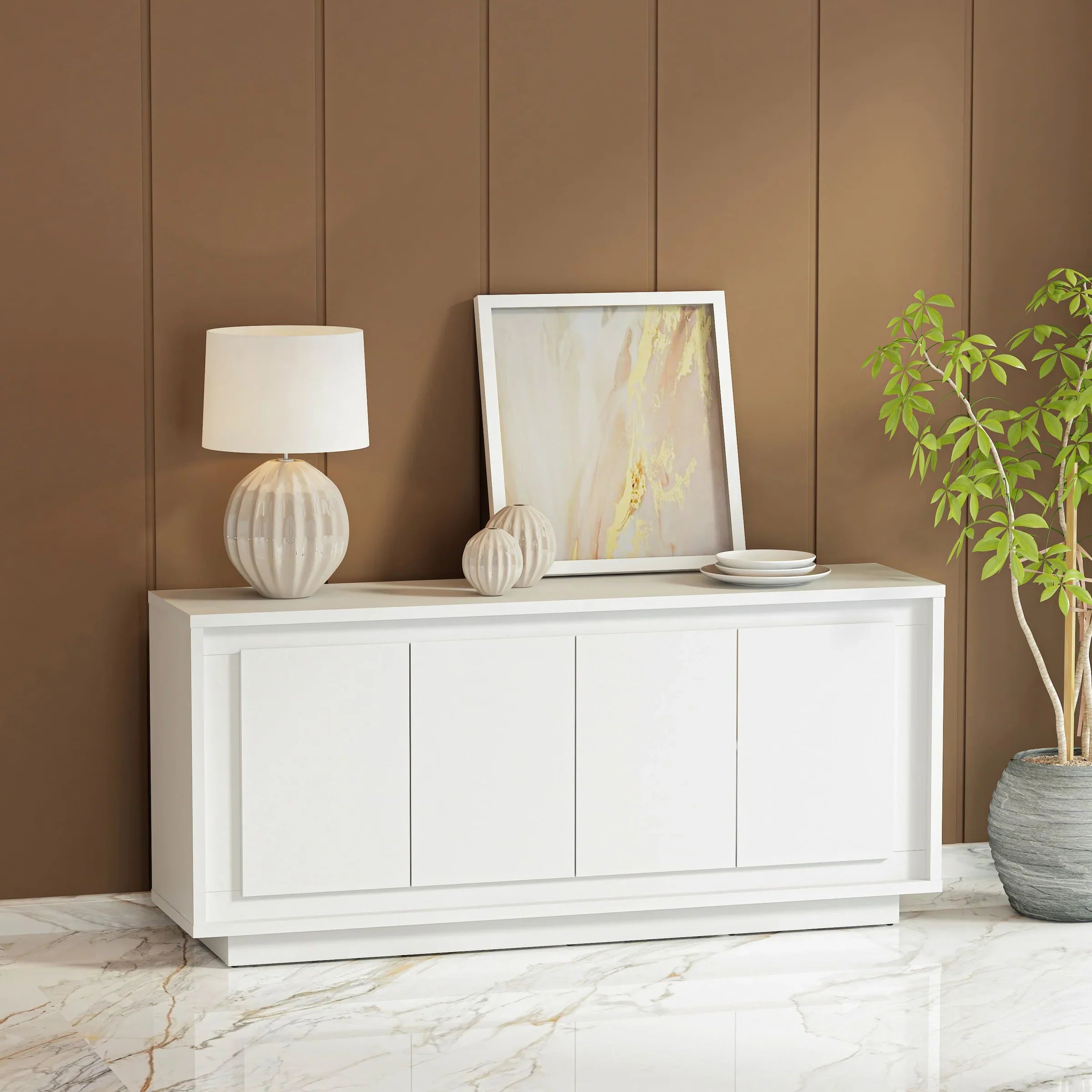 Anderson Teak Paraggi Sideboard White - Solid Teak Wood Buffet Cabinet with 2 Doors & 3 Drawers - Perfect for Dining Room Storage & Living Room Organization (Model SB PW 6316)