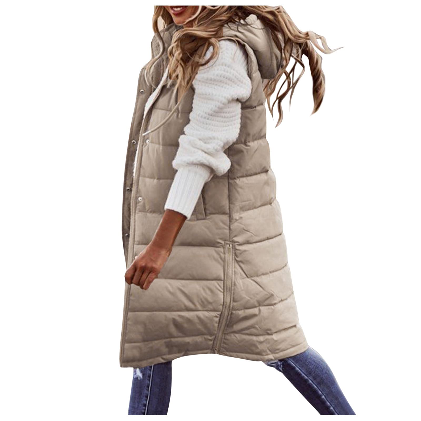 Women's Long Hoodie Vest - Winter Sleeveless Down Coat with Pockets | Red & White Striped Sweater Style | Warm Outerwear for Casual Wear, Outdoor Activities & Layering