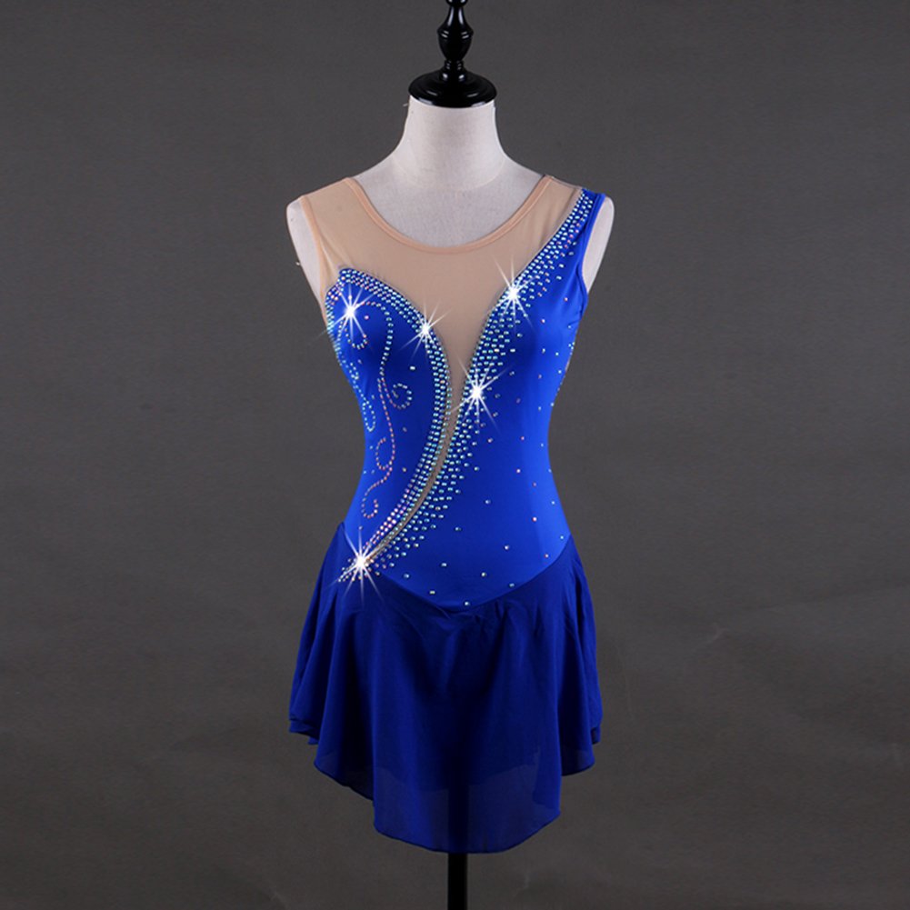 Sparkling Blue Rhinestone Figure Skating Dress for Women - Elegant Competition & Performance Costume - Perfect for Ice Shows, Recitals & Dance Performances