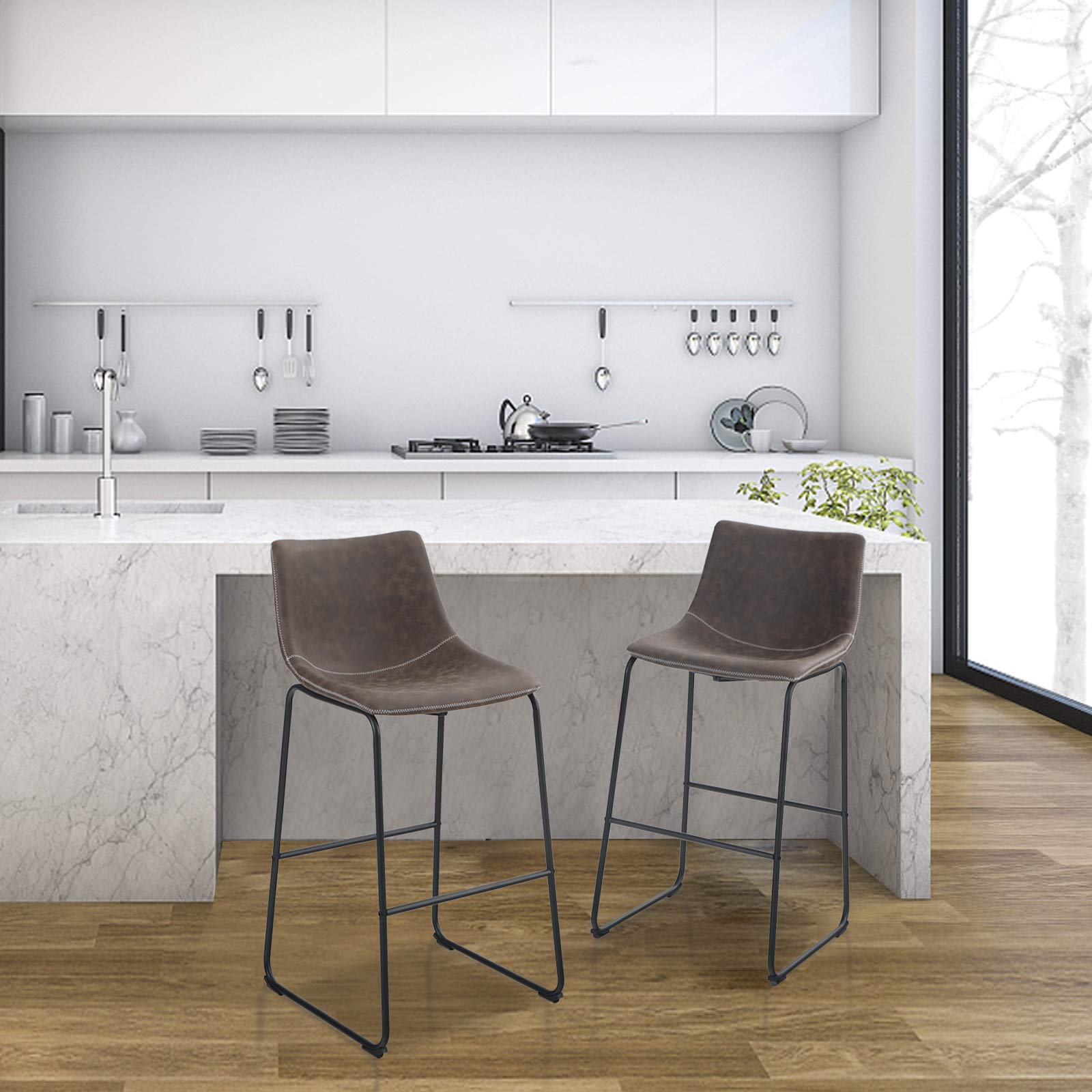 PHI VILLA 30 Inch Modern Bar Stools Set of 2 - Nubuck Leather Counter Height Bar Chairs with Back Support for Kitchen Island, Dining Room & Living Room - Brown Home Decor Furniture for Entertaining & Relaxing