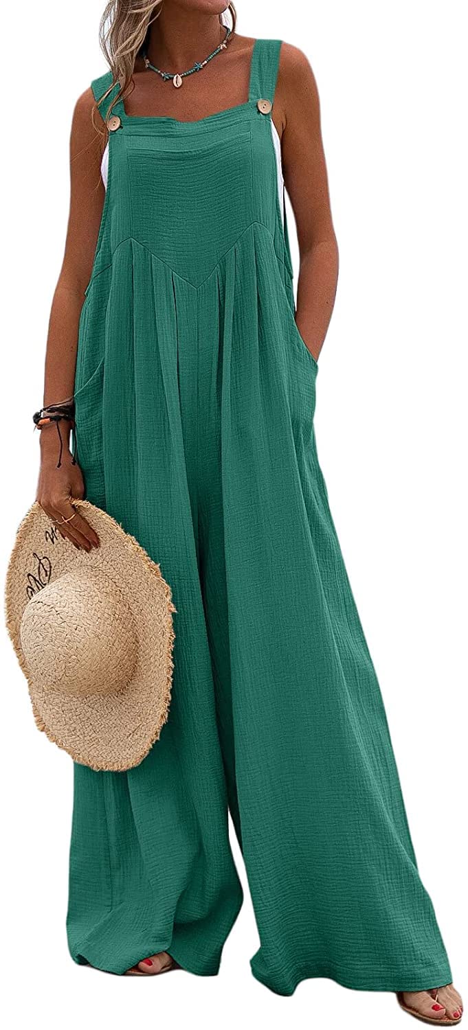 Women's Wide Leg Overalls - Sleeveless Jumpsuit with Pockets | Loose Fit Comfortable Baggy Suspender Romper for Casual Outings, Workwear & Summer Fashion