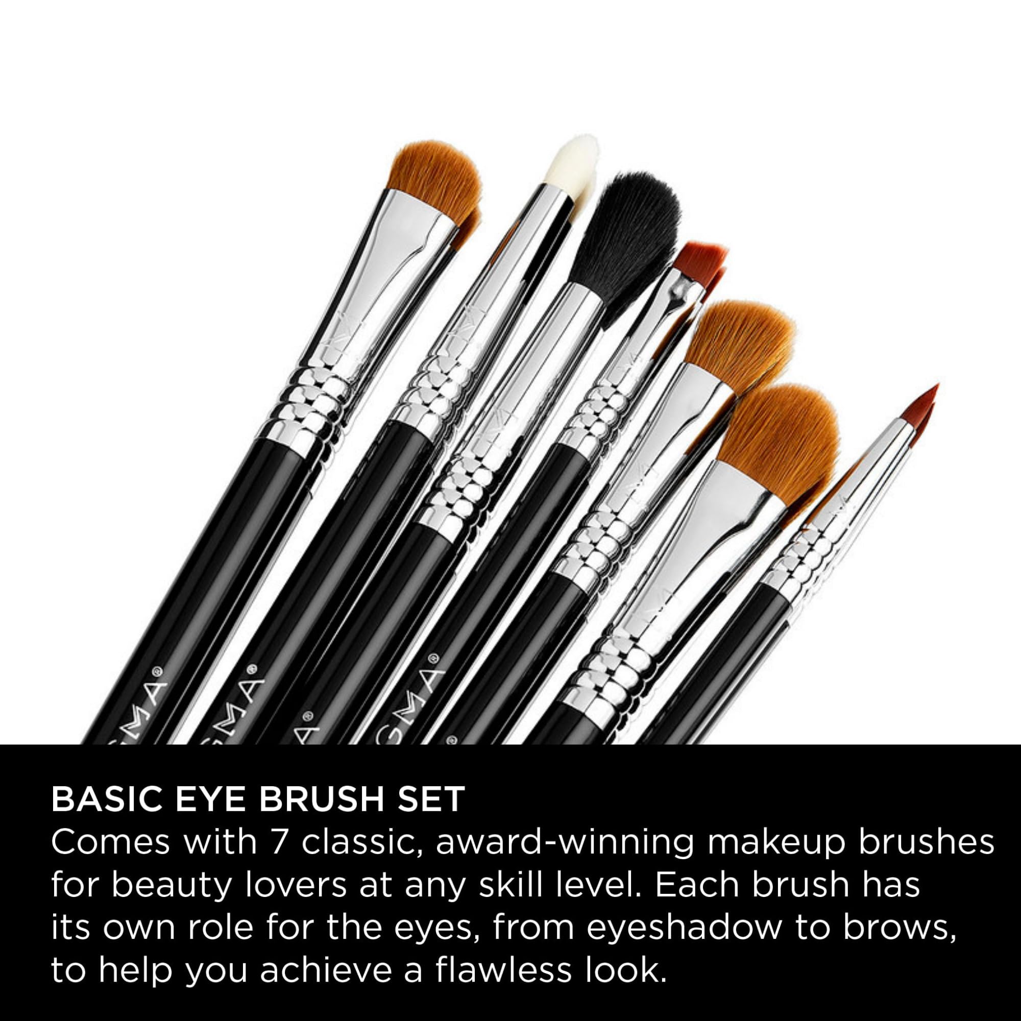 Sigma Beauty 7-Piece Basic Eye Makeup Brush Set - Premium Synthetic Fiber Brushes with Durable Handles for Eyeliner, Eyeshadow & Eyebrows | Professional Makeup Tools for Beginners & Artists | Perfect for Daily Use, Travel & Makeup Kits