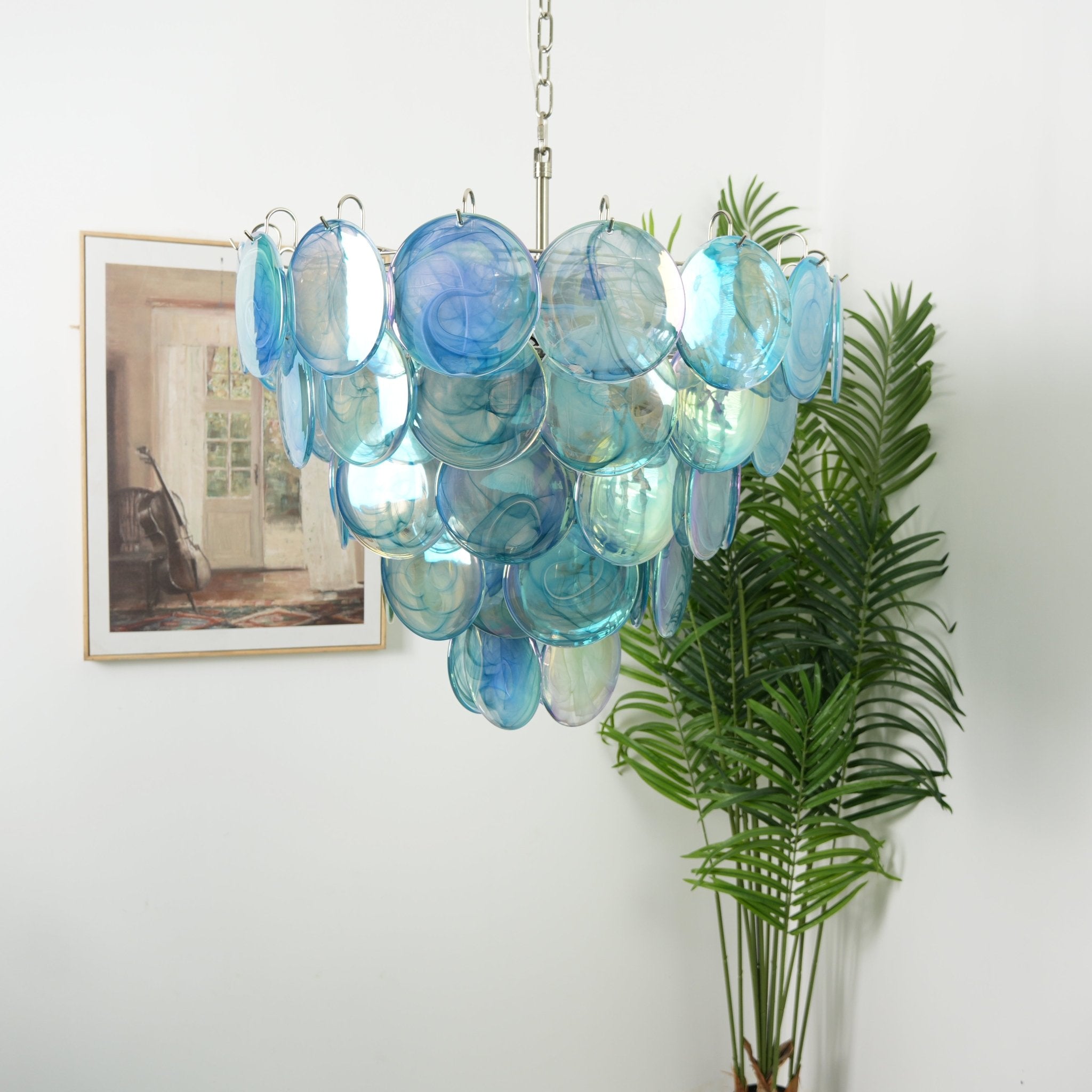 Blue Murano Glass Disc Chandelier - Elegant Ceiling Light Fixture for Dining Room, Living Room & Bedroom Decor