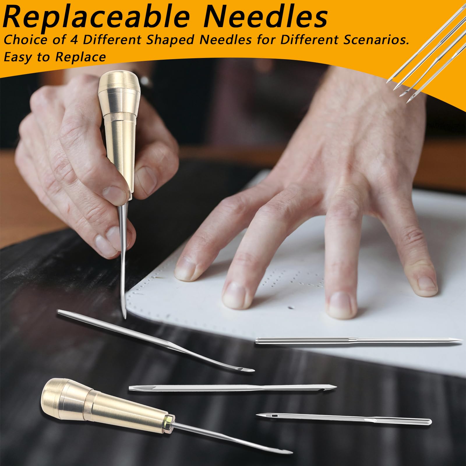 5-Piece Leather Awl Needle Set with Copper Handle - Heavy Duty Canvas Sewing Awl Kit for Leather Repair, Shoe Mending & DIY Craft Projects - Perfect for Cobblers, Leatherworkers & Handmade Enthusiasts