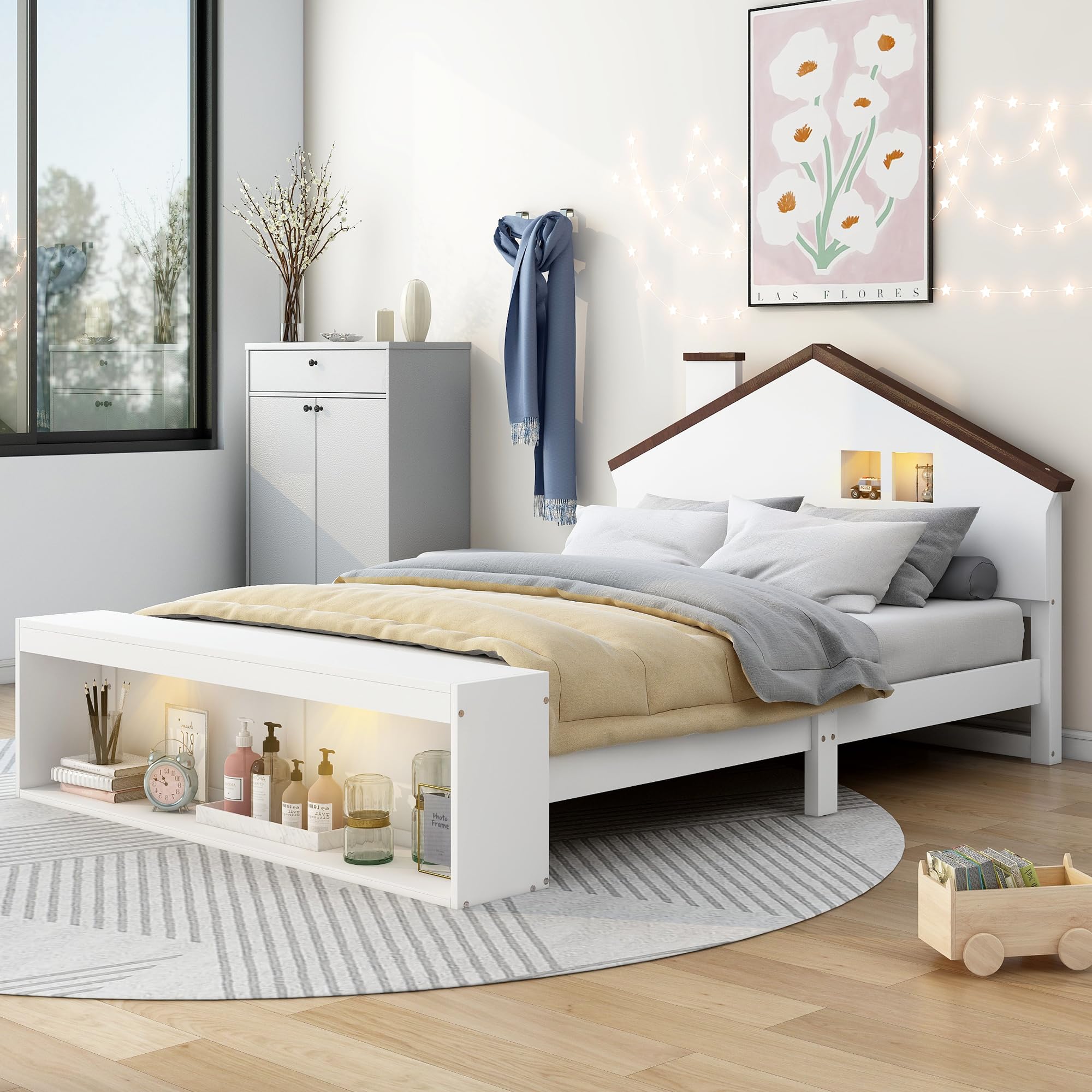 Bellemave Full Size House Bed Frame with LED Lights and Storage - Wooden Platform Bed for Kids, Teens, Boys & Girls - No Box Spring Needed - White - Perfect for Bedrooms, Playrooms & Sleepovers