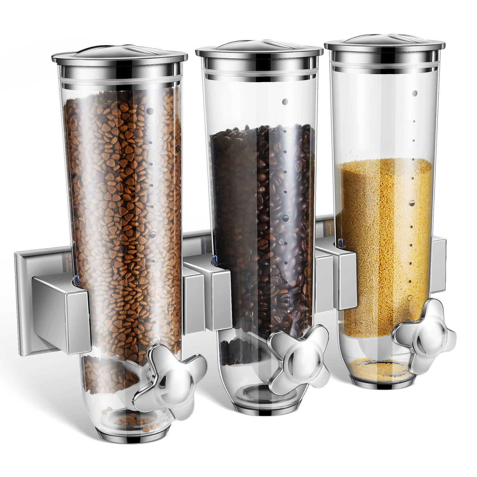 Umigy Triple Dry Cereal Dispenser - Wall Mounted 39oz Food Storage Container for Pantry, Kitchen & Snacks with 3 Measuring Cups (Silver) | Perfect for Cereal, Nuts, Candy & Bulk Food Organization
