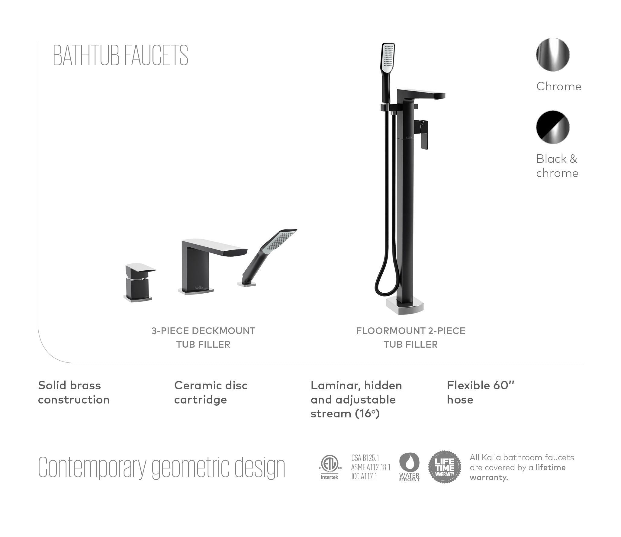 Kalia Grafik Freestanding Tub Faucet with Hand Shower - Black & Chrome Mix - Modern Bathroom Fixture for Luxury Bathtub & Shower Experience