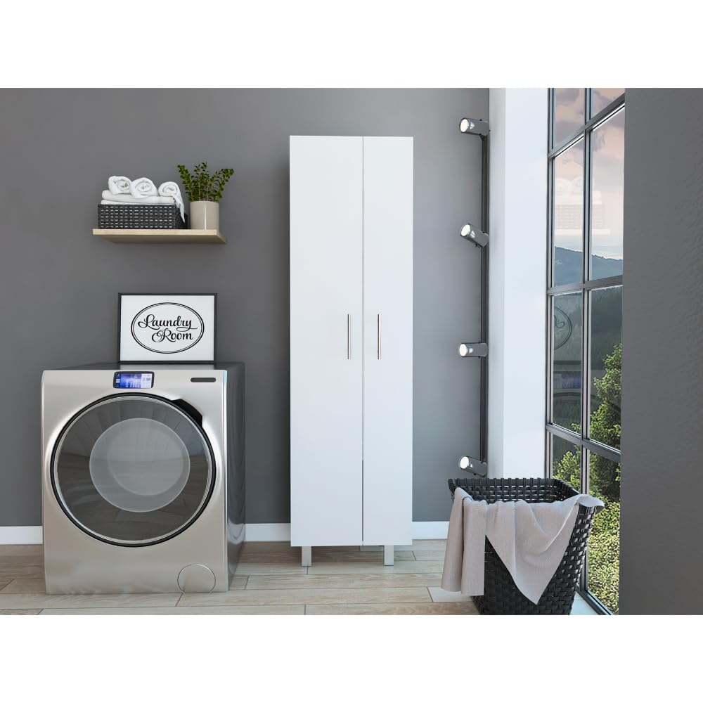 TUHOME Nala White Double Door Cleaning Cabinet with 5 Shelves & 4 Legs - Perfect for Bathroom, Kitchen, Laundry Room & Garage Storage Organization