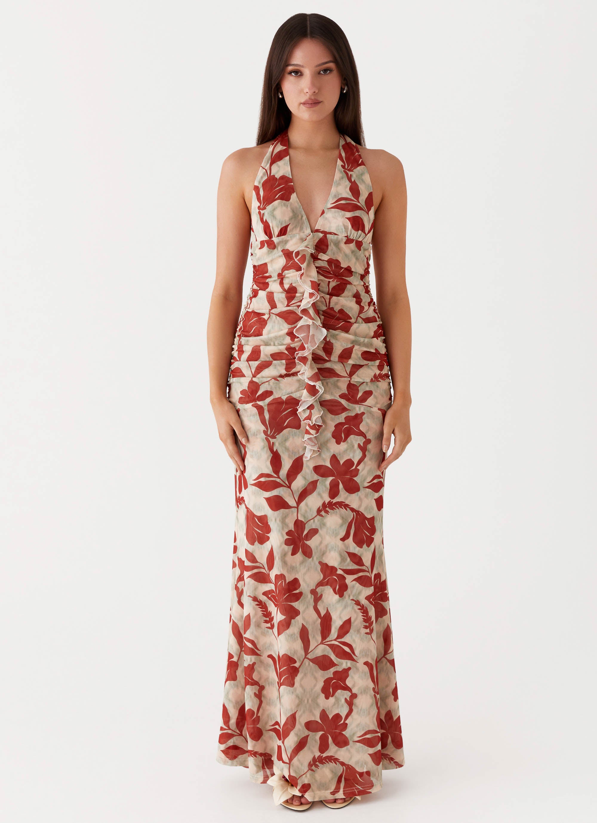 Ardenia Halter Maxi Dress - Red & Green Floral Print Summer Beach Dress for Women | Boho Chic Vacation Outfit, Pool Party, Date Night