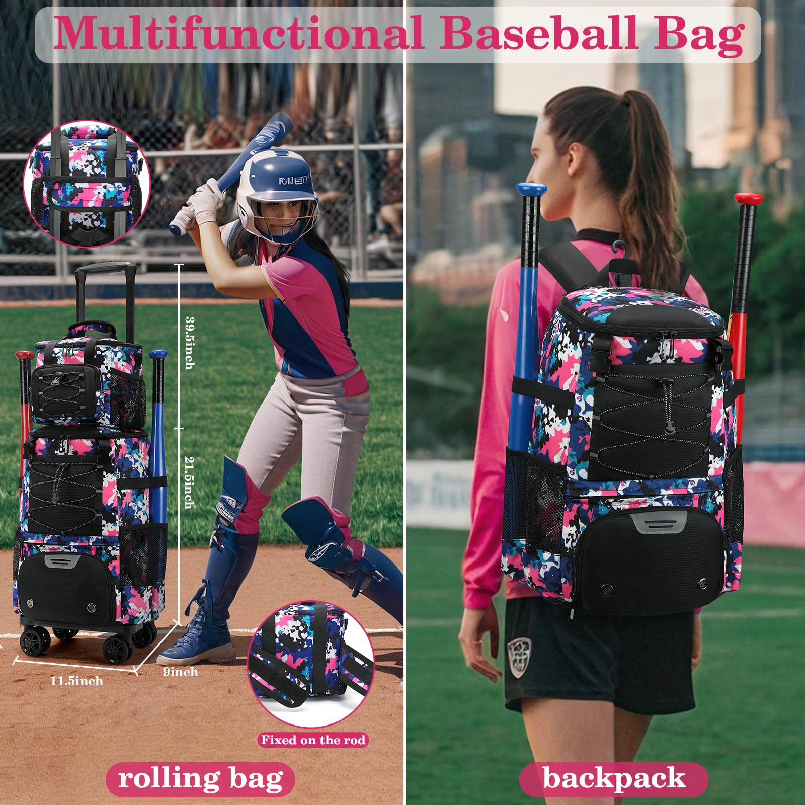 Lightweight Wheeled Baseball Bag with Shoe Compartment - Rolling Softball Bat Bag for Tball Gear & Equipment - Perfect for Travel & Team Sports Practice