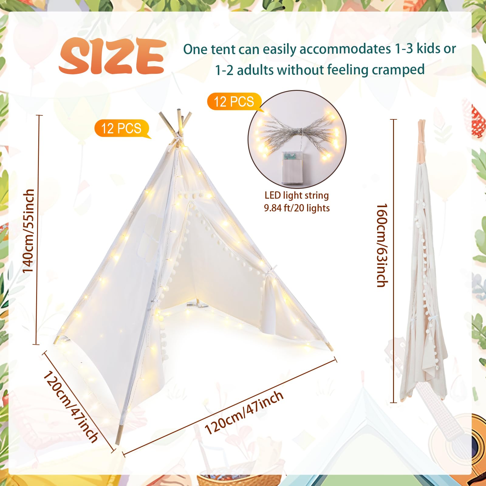 Windyun 12-Pack Kids Teepee Tent with LED Lights - Foldable & Washable Boho Play Tent for Indoor/Outdoor Use | Perfect for Girls & Boys Sleepovers, Birthday Parties, Slumber Parties & Imaginative Play