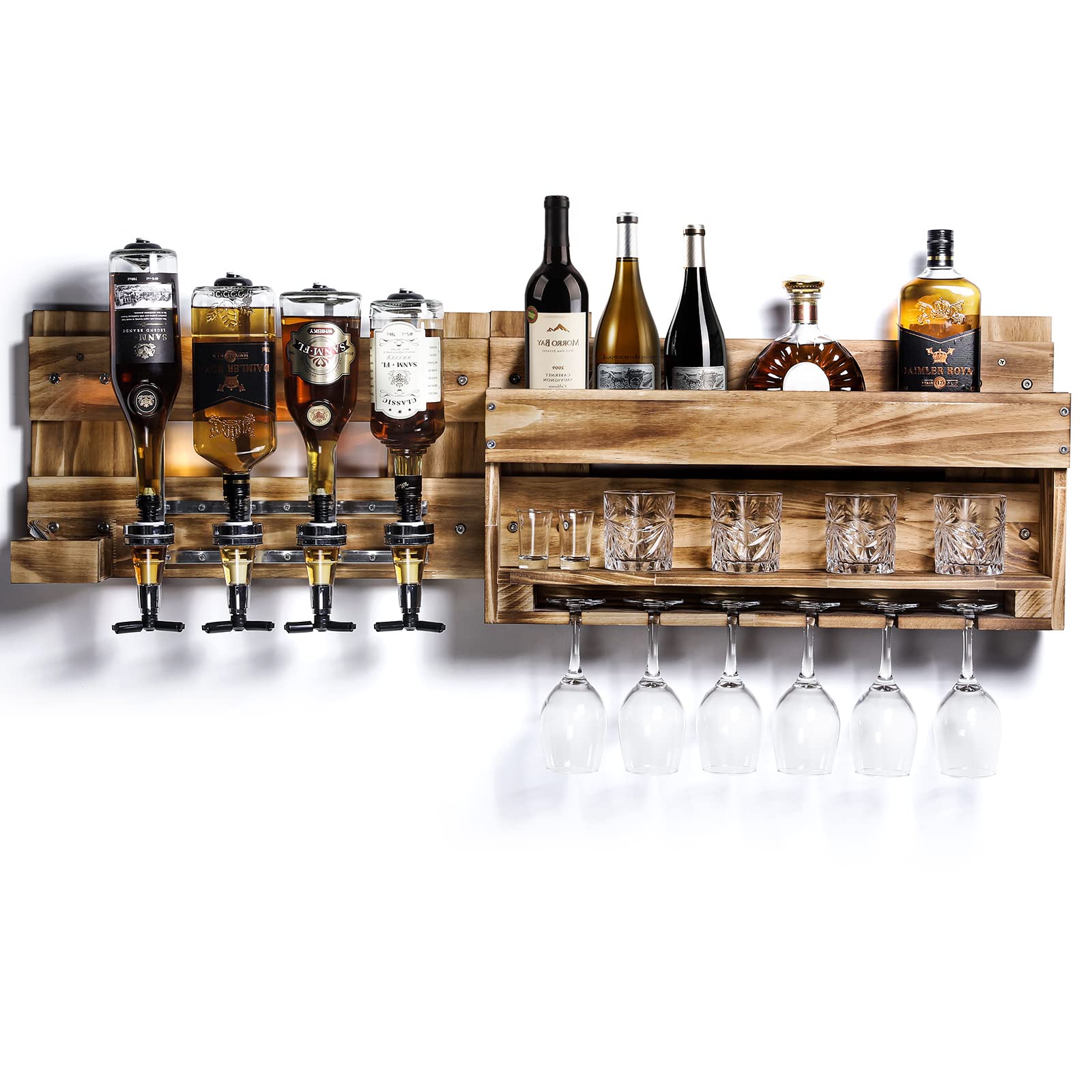 Wall Mounted Wood Wine Rack with Bottle & Stemware Holder - Rustic Whiskey Display Storage for 4 Bottles - Perfect for Home Bar, Kitchen Decor & Entertaining Guests (Regular Without LED)