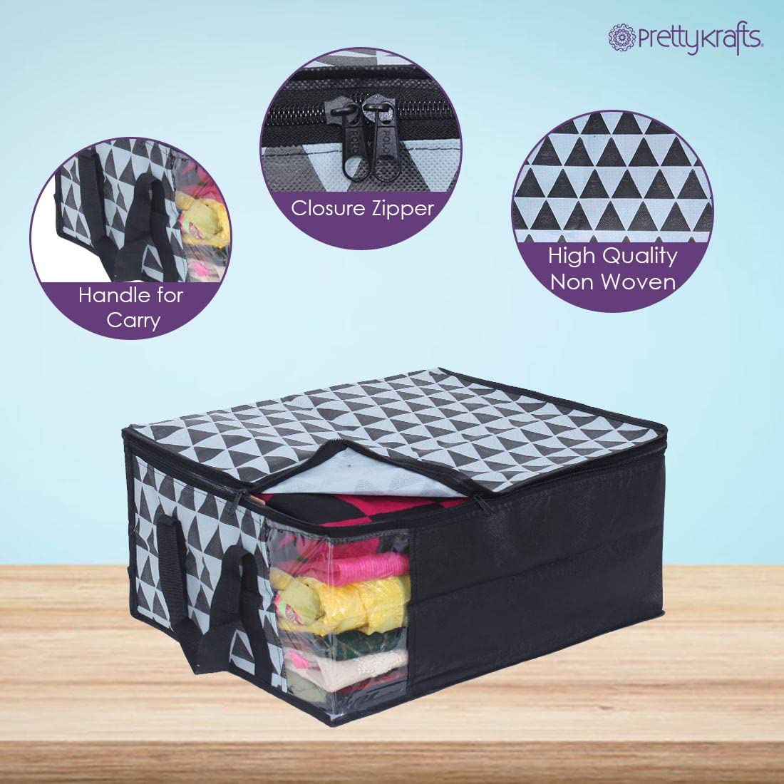 PrettyKrafts™ Premium Non-Woven Saree Storage Bags - 3-Pack Grey Closet Organizers for Sarees, Dresses & Wardrobe - Space-Saving Travel & Home Storage Solution