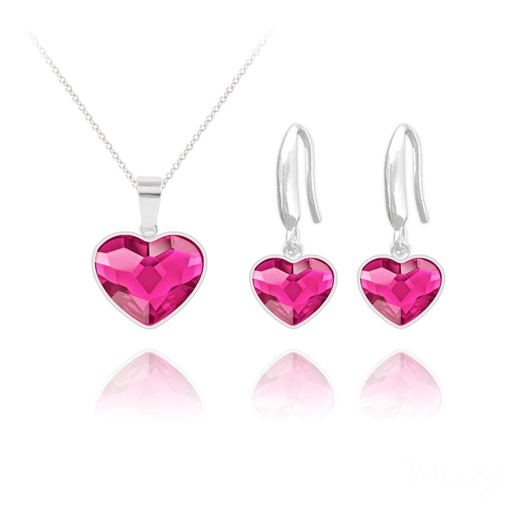 Fuchsia Red Heart Earrings and Necklace Set - Sterling Silver Romantic Jewelry Gift for Women, Valentine's Day, Anniversary, Date Night