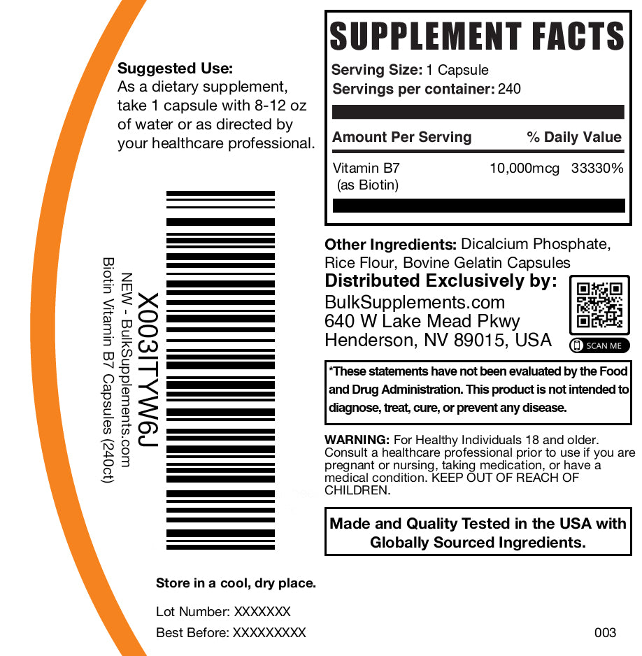 Biotin 10000mcg Hair Skin & Nails Vitamin Capsules - Supports Healthy Hair Growth, Strong Nails & Glowing Skin - Perfect for Daily Beauty Supplement Routine