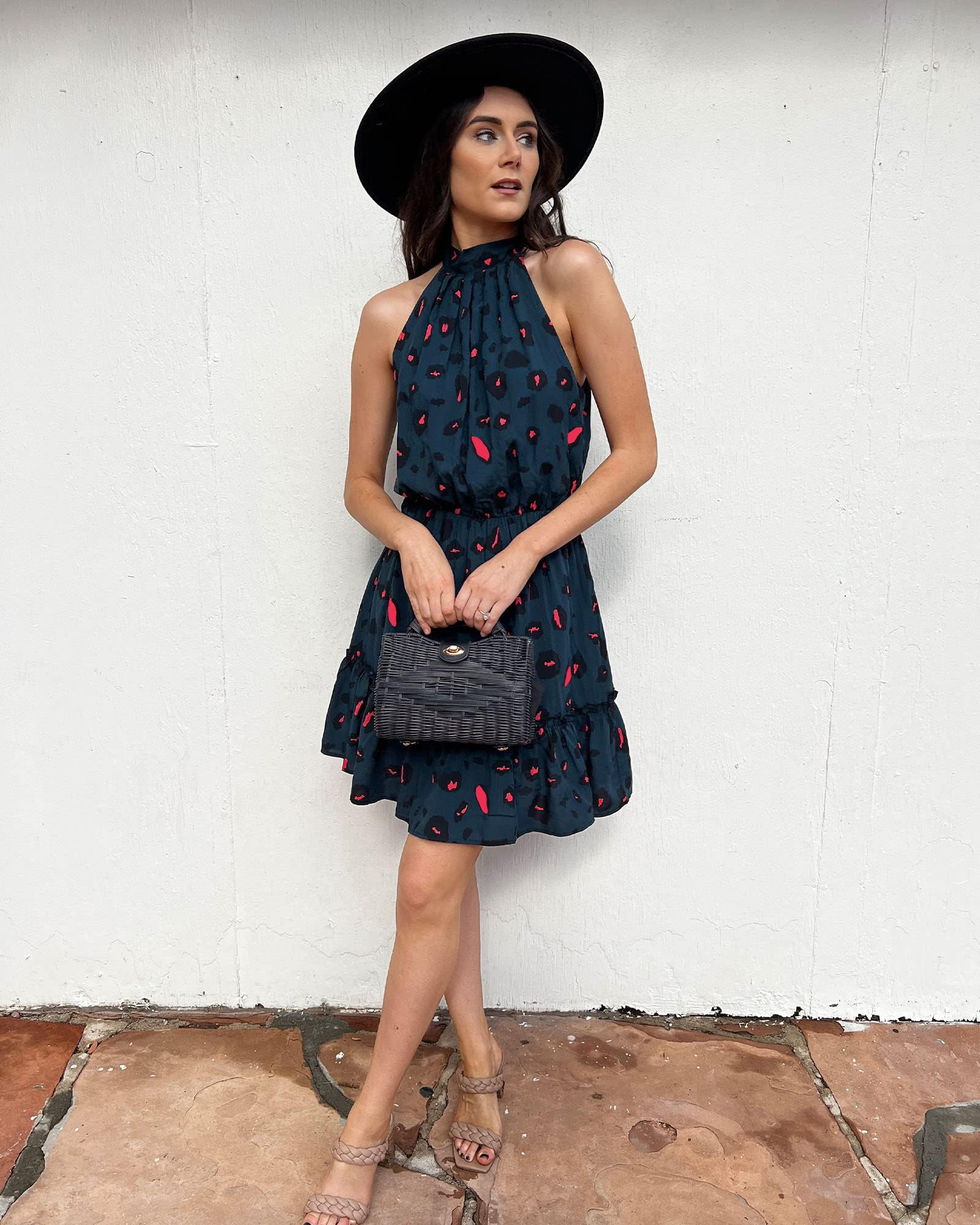 BTFBM Women's Floral Polka Dot Halter Neck Summer Dress - Sleeveless Boho Mini Dress with Ruffle Trim for Beach, Vacation & Spring Casual Wear