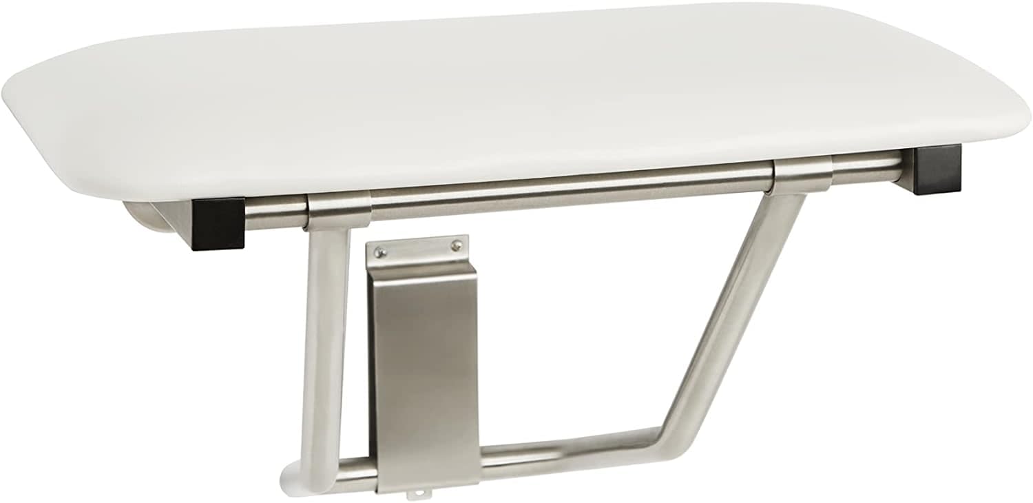 Seachrome 18 Inch Wall Mounted White Padded Folding Shower Bench - Waterproof Bath Seat for Elderly & Disabled - Non-Slip Shower Chair for Small Bathrooms & Tight Spaces (Use in Showers, Bathtubs & Spa Areas)
