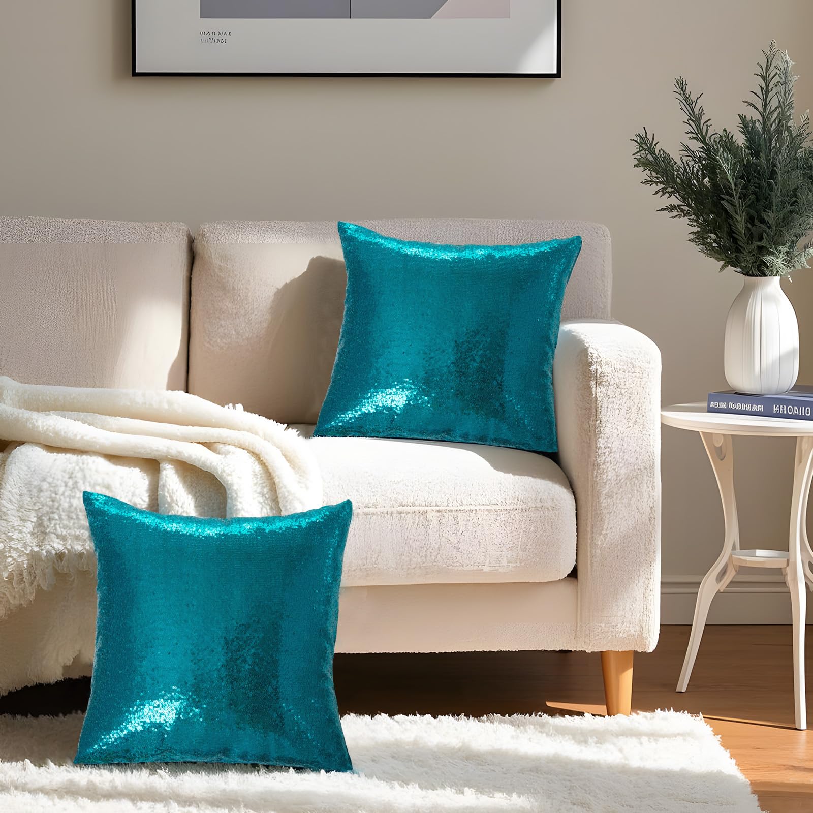 Eternal Beauty Set of 2 Teal Sequin Decorative Pillow Covers 18x18 Inches - Luxury Throw Pillows for Couch, Sofa & Bedroom Decor - Perfect for Living Room, Home Styling and Gift Giving