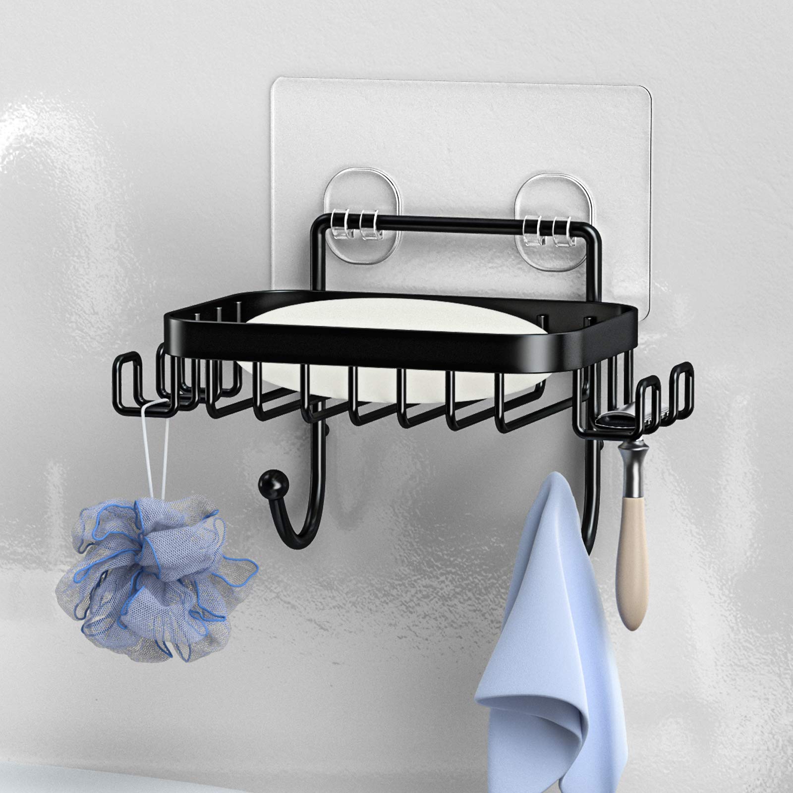 ODesign Adhesive Wall Mounted Soap Dish Holder with 6 Hooks - Loofah, Bath Sponge, Towel & Razor Organizer for Bathroom, Shower & Kitchen - No Drilling Required (Black, 1 Pack) - Perfect for Small Space Organization & Clutter-Free Bathroom Storage